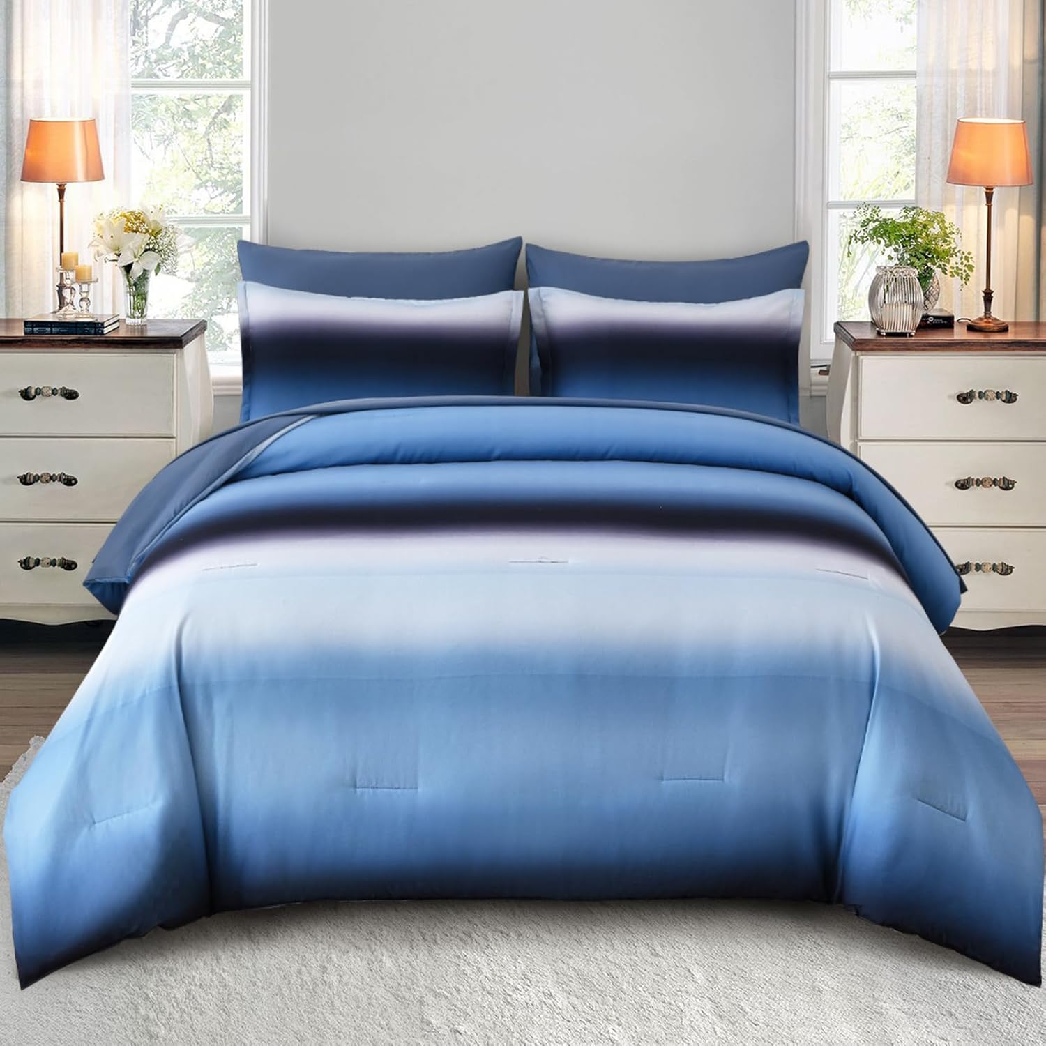 Ombre Blue Comforter Set King Size Reversible Gradient Blue Grey Boho Bedding Set for Men Women 8 Pieces Bed in A Bag Bohemian Bed Set With Comforter, Sheets, Pillowcases & Shams, Cushion Cover - Image 9