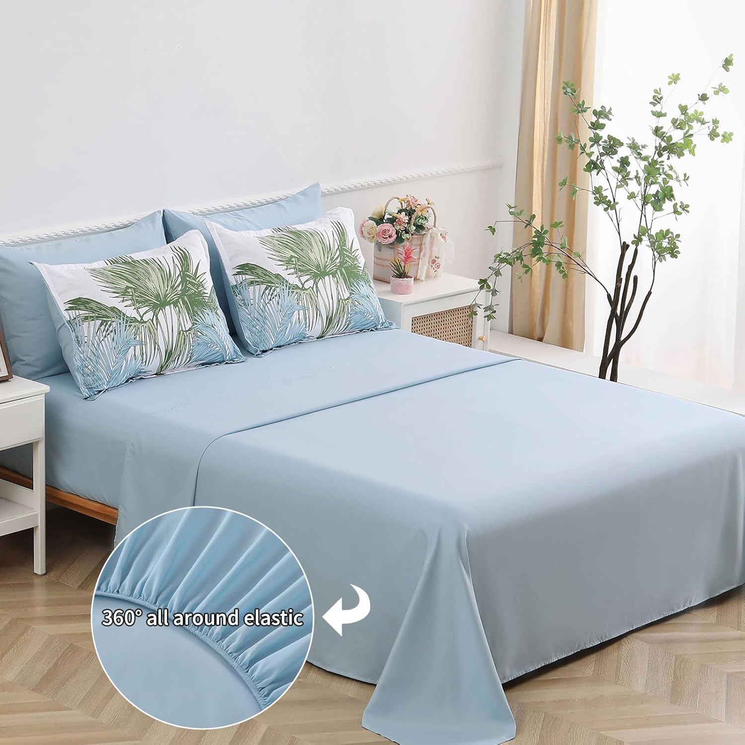 WONGS BEDDING Botanical Comforter Set Queen, 7 Pieces Blue Palm Tree Bed in a Bag, Reversiable Soft Microfiber Coastal Beach Bedding with Comforter, Flat Sheet, Fitted Sheet, Pillow Shams Pillowcases - Image 5