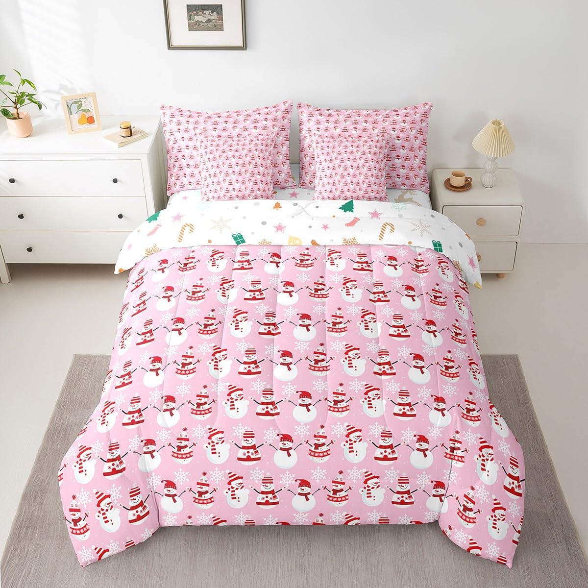 Pink Christmas 7 Piece Bedding Set Full Size Merry Christmas Snowman Bed in a Bag for Boys Girls Bedroom Decor Santa Claus Comforter Set with Sheets,Pillowcases & Cushion Cover Soft Xmas Tree Deer - Image 39