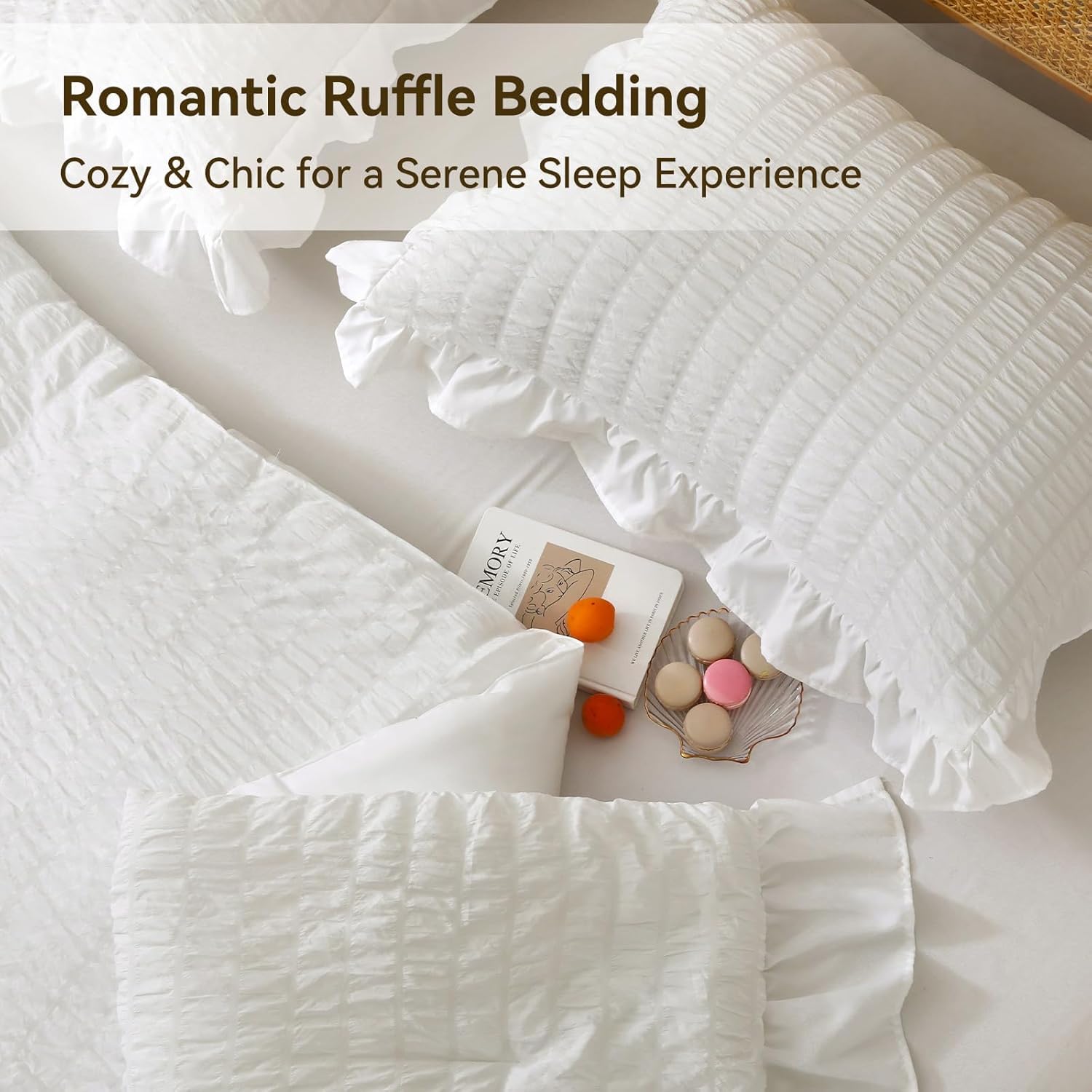 JOLLYVOGUE Queen Comforter Set, 3 Pieces White Seersucker Comforters Queen Size, Lightweight & Fluffy Bedding Sets Queen for All Season with 1 Ruffle Comforter and 2 Ruffle Pillowshams - Image 4