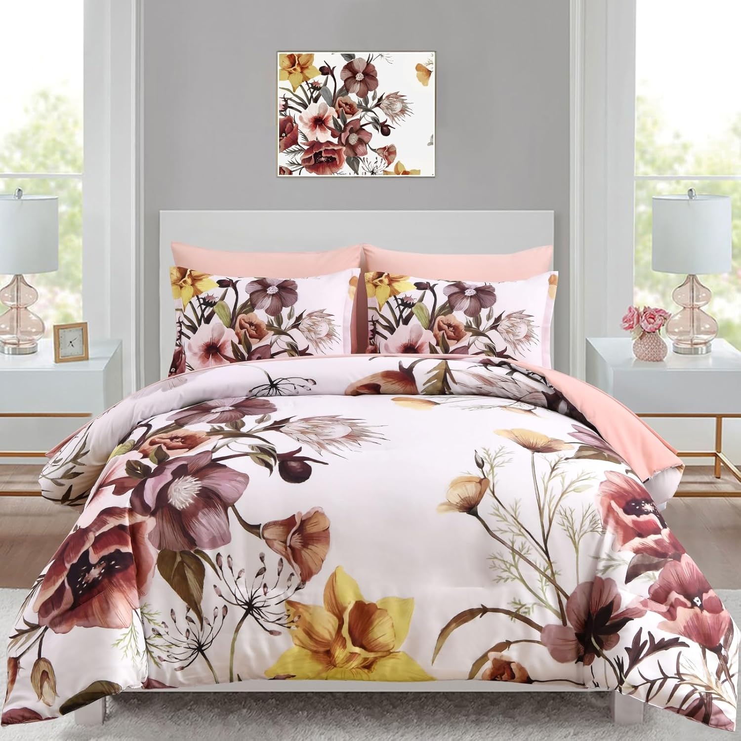 Luxudecor Floral Comforter Set Queen Size 7 Piece, Purple Flower Bed in a Bag, Elegant Floral Comforter with Sheet Set, Soft Microfiber Bedding Set for All Season (Purple, 90"x90") - Image 14