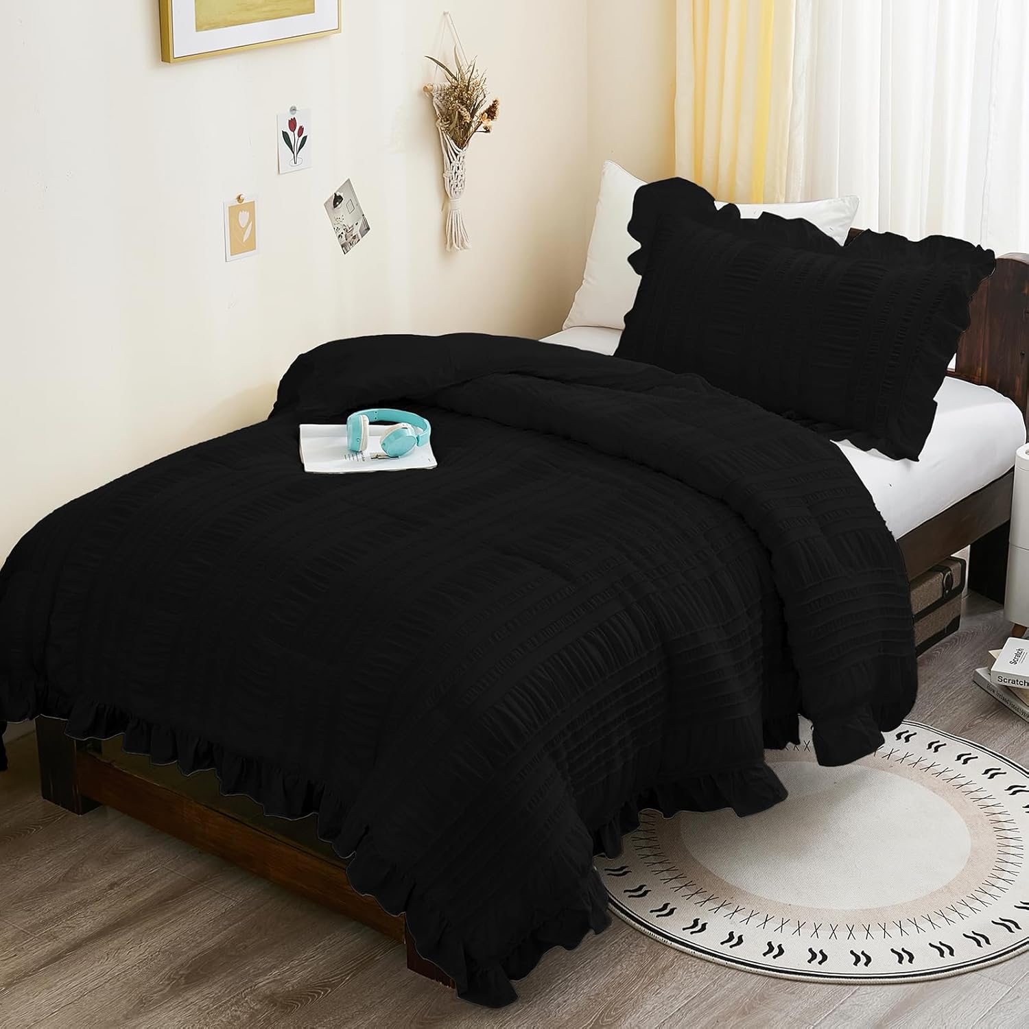 WONGS BEDDING Beige Ruffle Queen Comforter,Boho Shabby Chic Bedding for Queen Bed,Soft Seersucker Farmhouse Bedding Set with 1 Ruffled Comforter,2 Tufted Pillowcases 90"×90" - Image 9