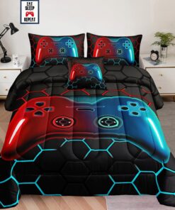 6 Pieces Bed in a Bag for Boys Bedding Sets Queen Size,Gamer Comforter Sets for Boys Kids, Gaming Comforter Set for Teens Room Decor with Flat Sheet,Fitted Sheet,Pillowcase,Cushion Cover