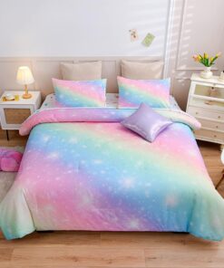 A Nice Night 6Pcs Gradient Glitter Bedding Set for Girls Full Size, Colorful Rainbow Galaxy Comforter Set, Ultra Soft Bedding Sets, Pink