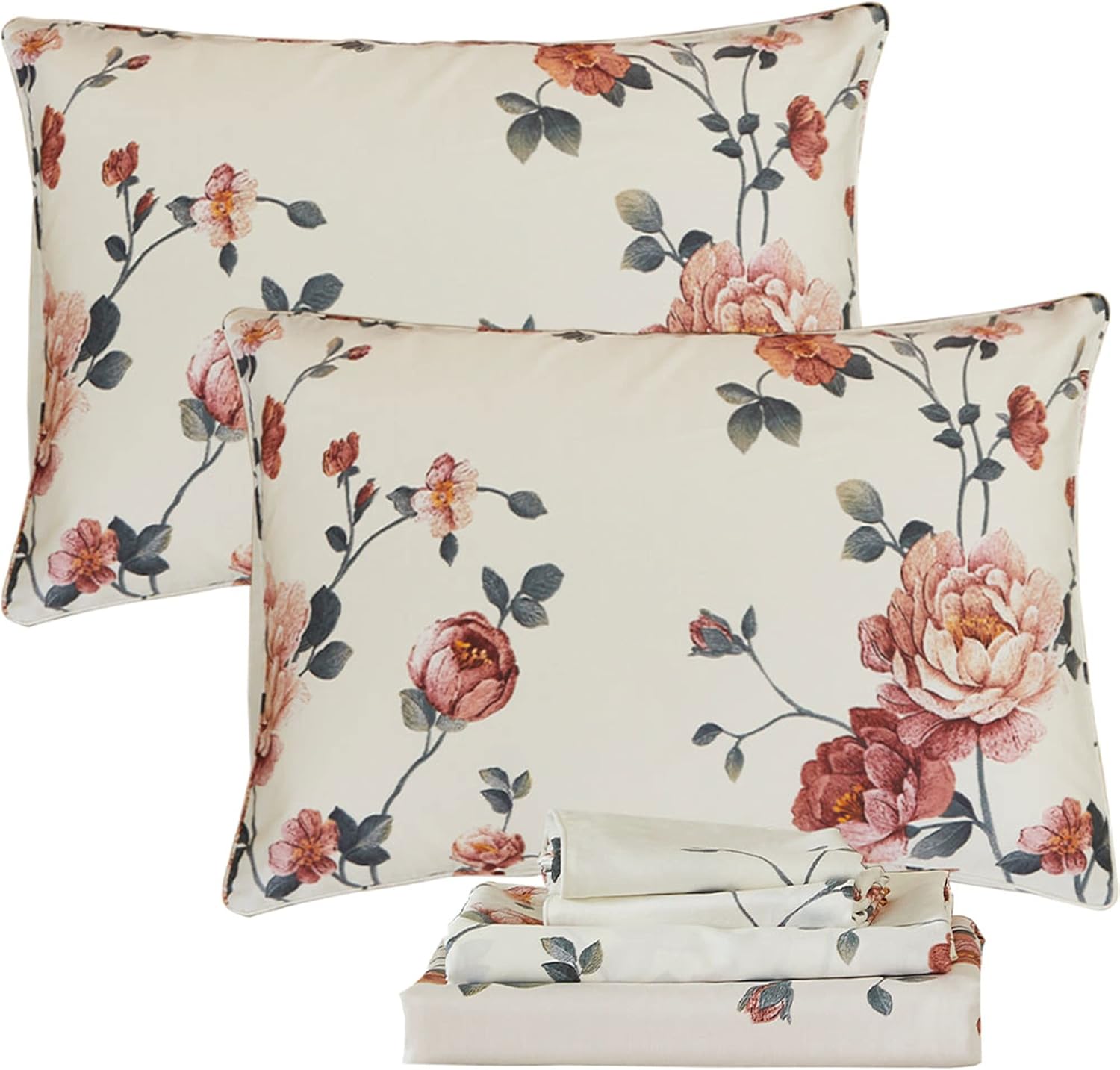 FADFAY Shabby Floral Bedding Elegant Peony Sheets Set Luxury Bedding Collections 800 Thread Count 100% Egyptian Cotton Deep Pocket, 4 Piece-Queen Size - Image 7