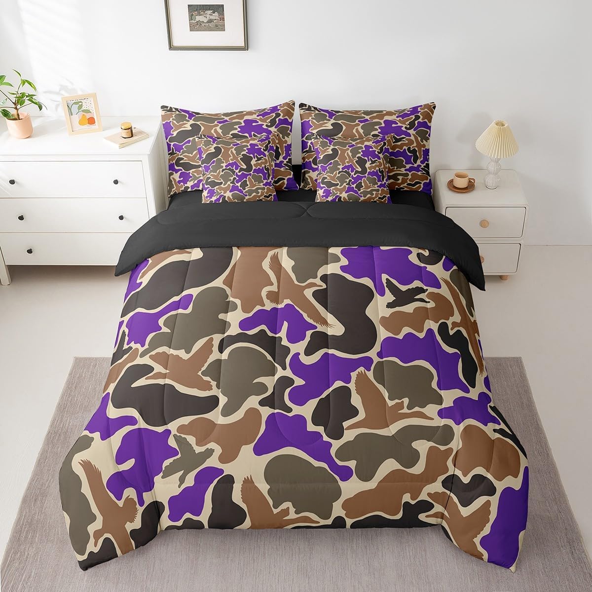 Feelyou Duck Hunter Green Camouflage Hunting 7 Pieces Bedding Set, Queen Size Black Brown All Season,Bed in a Bag with Comforter, Sheets, Pillowcases Camo Army Bed Set Breathable Wild Room Decor - Image 45