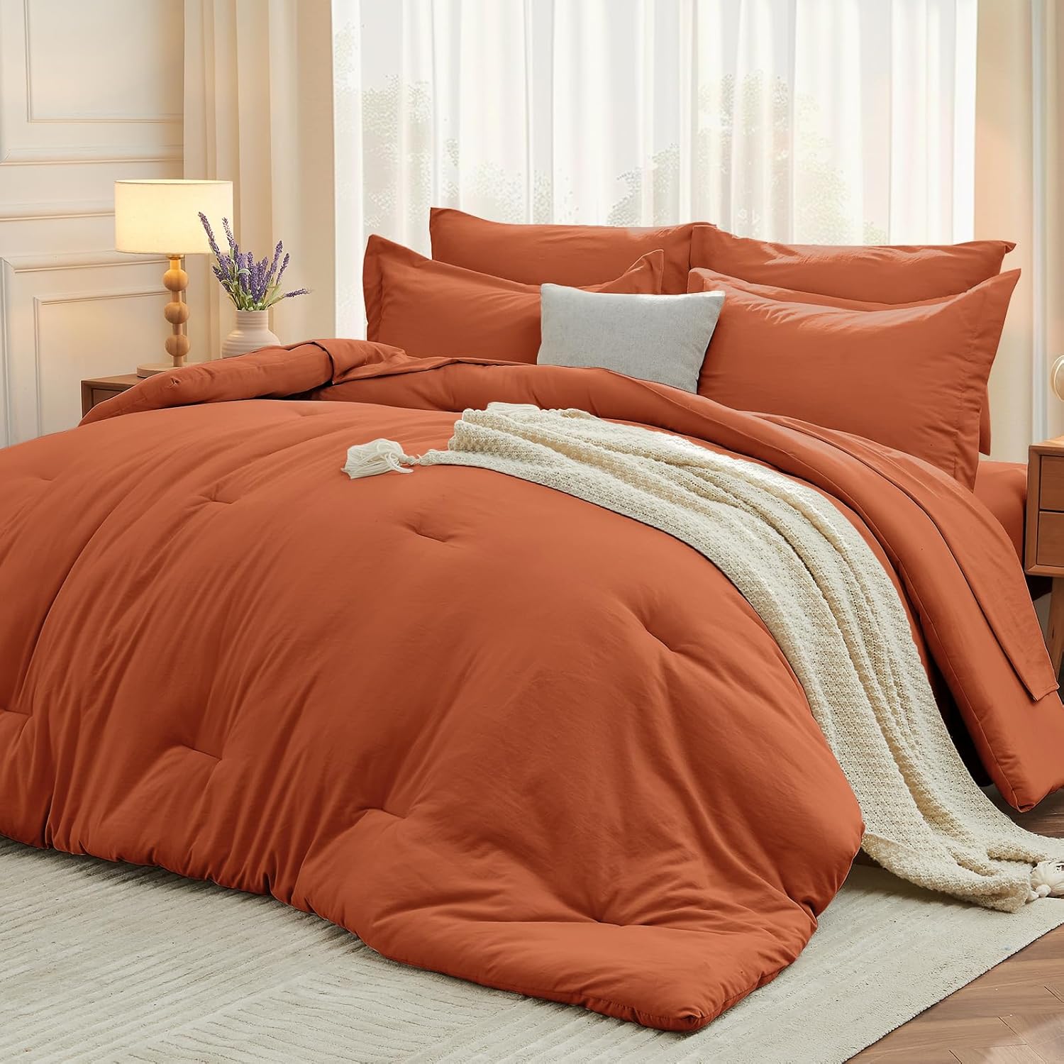 MUXHOMO 7 Pieces Queen Comforter Set, Soft Bed in a Bag Queen Size, All Season Bedding Set with Comforter, Flat Sheet, Fitted Sheet, Pillowcases & Shams, Beige - Image 16