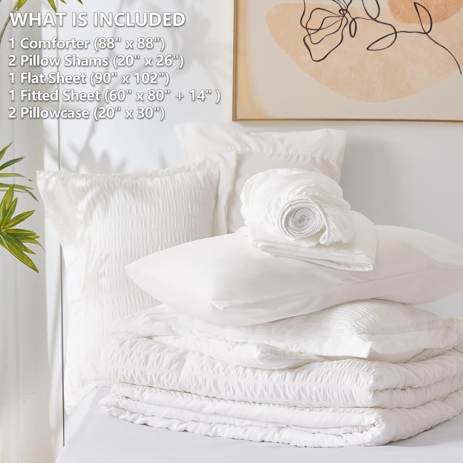 CozyLux Queen Comforter Set White Seersucker 7 Pieces Bed in a Bag Queen Comforter Set with Sheets, Luxury Soft Bedding Set with Down Alternative Comforter, Sheets, Pillowcases & Shams for All Seasons - Image 6