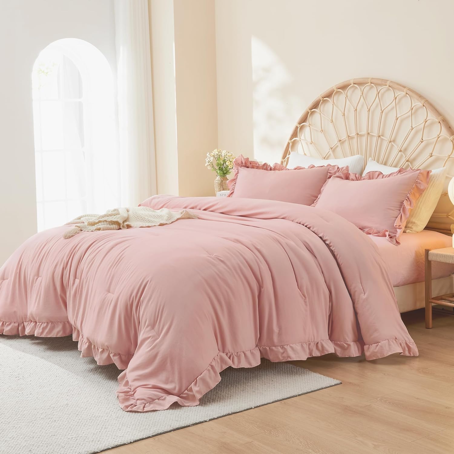 Litanika Full Size Comforter Sets, 3 Pieces Blush Pink Ruffle Girls Women Cute Bedding Comforters & Sets, Lightweight Fluffy Microfiber as Gift (79x90In Comforter & 2 Pillowcases) - Image 3