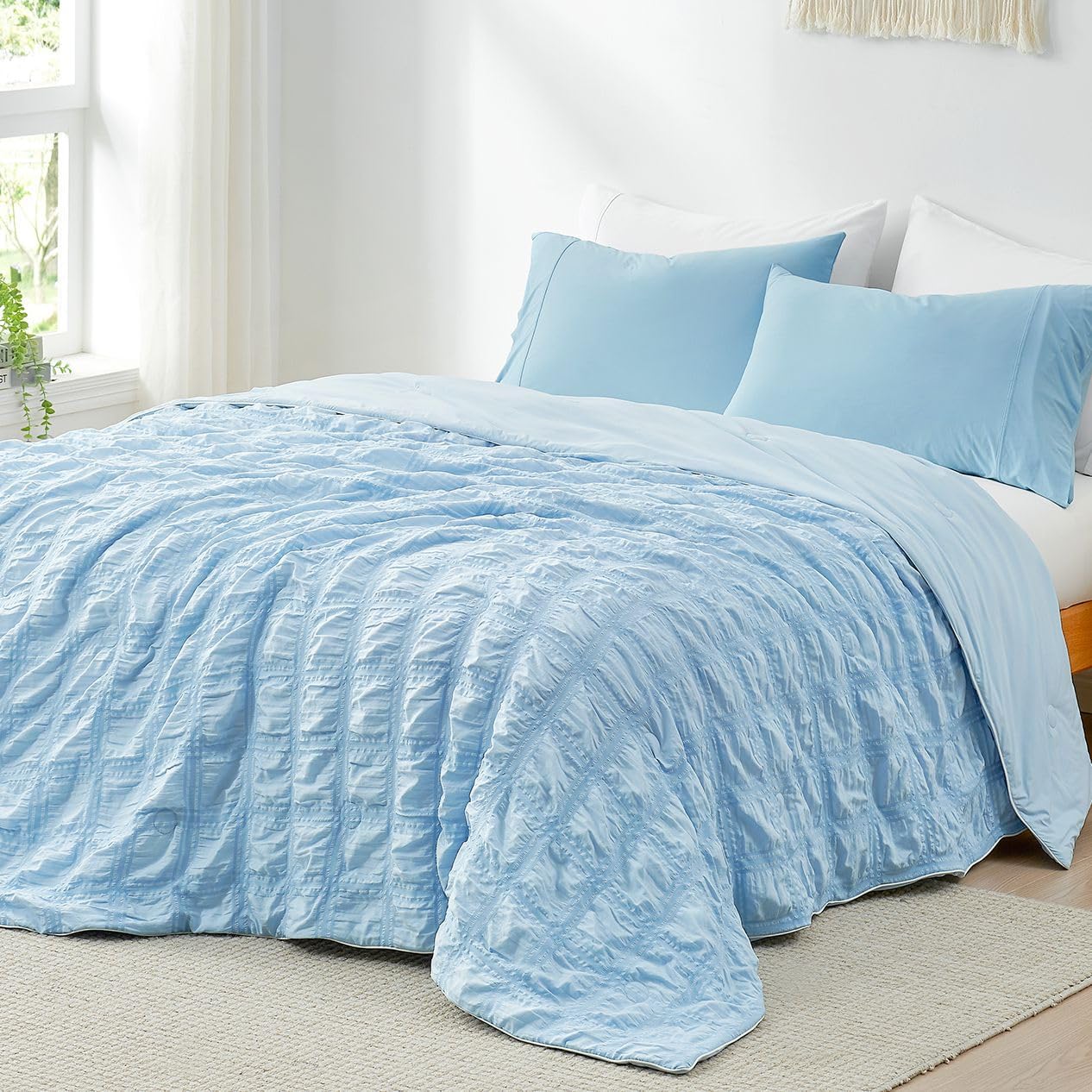 Cozy Bliss Cooling Comforter Queen Size Seersucker Plaid, Q-Max 0.4 Reversible Lightweight Cooling Blanket, Breathable Silk Smooth Summer Bedding Quilt for Hot Sleepers Night Sweats White - Image 8