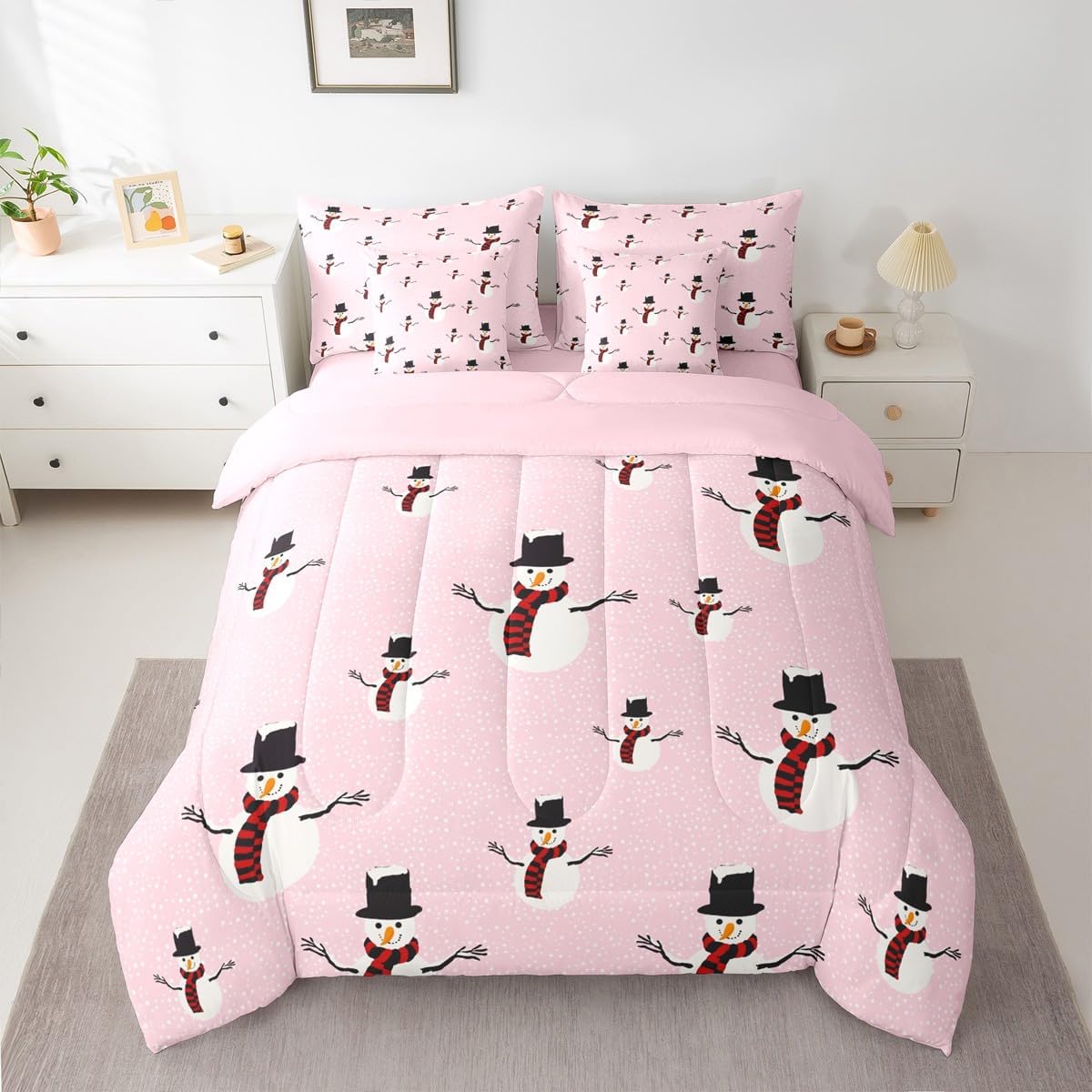 Pink Christmas 7 Piece Bedding Set Full Size Merry Christmas Snowman Bed in a Bag for Boys Girls Bedroom Decor Santa Claus Comforter Set with Sheets,Pillowcases & Cushion Cover Soft Xmas Tree Deer - Image 40