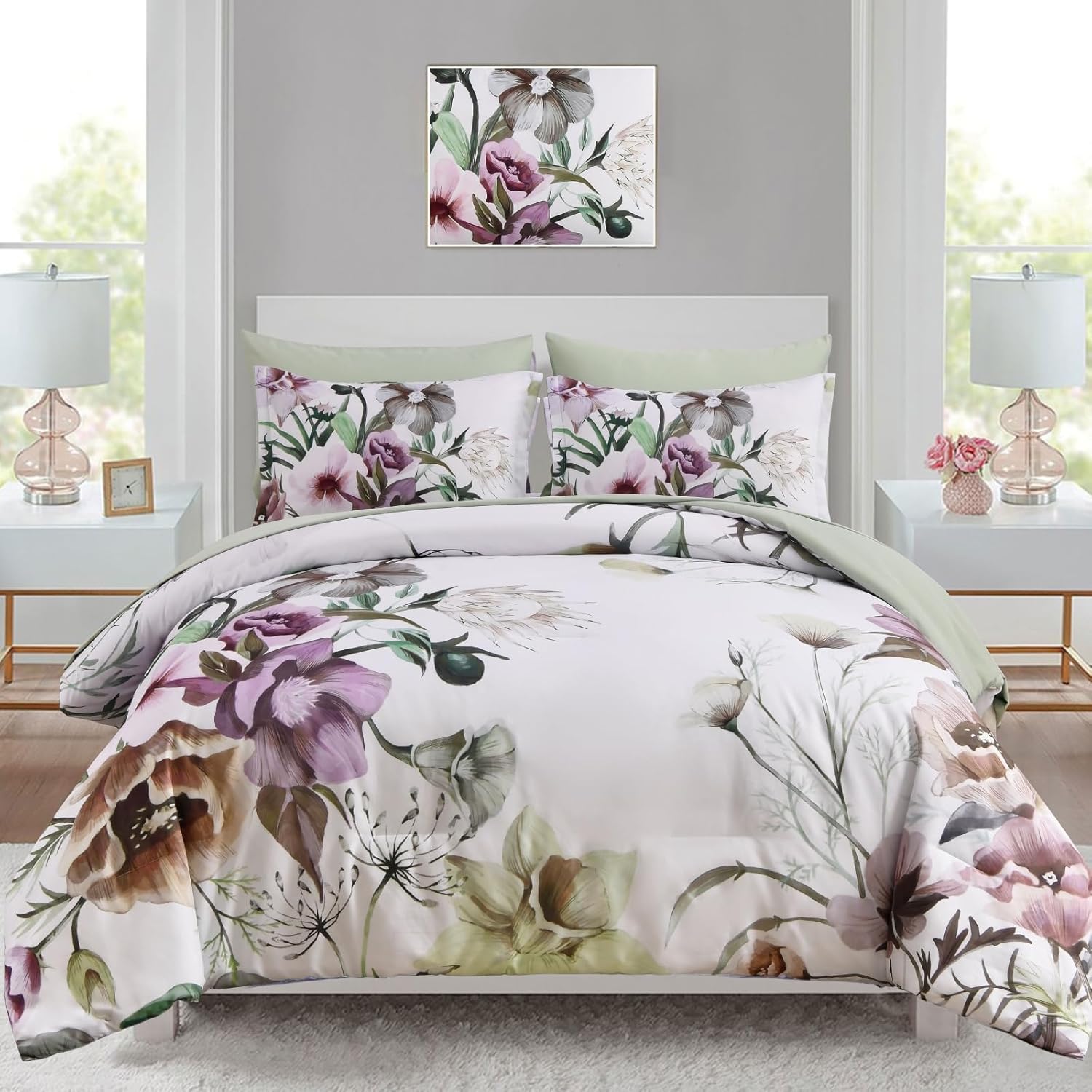 Luxudecor Floral Comforter Set Queen Size 7 Piece, Purple Flower Bed in a Bag, Elegant Floral Comforter with Sheet Set, Soft Microfiber Bedding Set for All Season (Purple, 90"x90") - Image 8