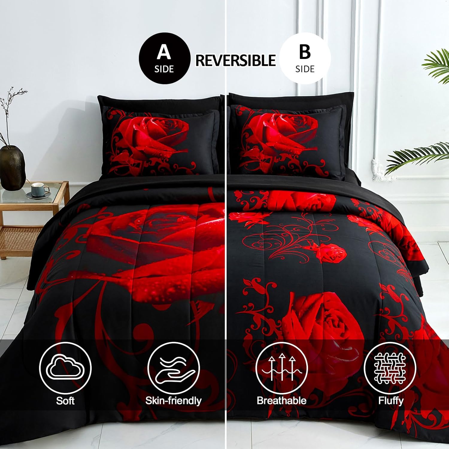 WONGS BEDDING Red Comforter Set Queen, Reversible Red Rose 7 Pieces Bed in a Bag, Lightweight Soft Microfiber Bedding Sets with Comforter, Flat Sheet, Fitted Sheet, Pillowcases & Shams - Image 2