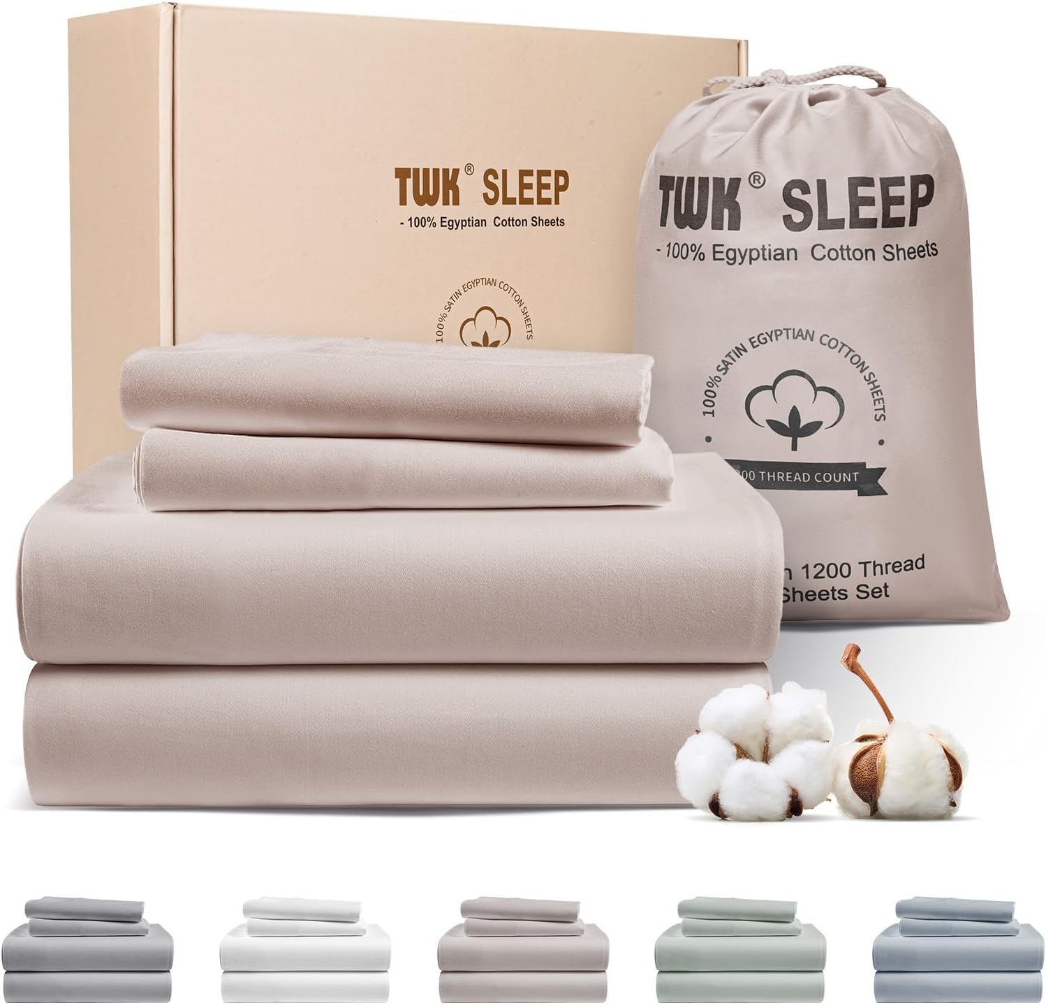 TWK 1200 TC 100% Egyptian Long-Staple Cotton Bedding Sheets Set, Luxury Hotel Style Deep Pocket with Elastic Reinforced Seams Sheet Set, Soft & Comfy Natural Sheets (Mineral, King) - Image 9