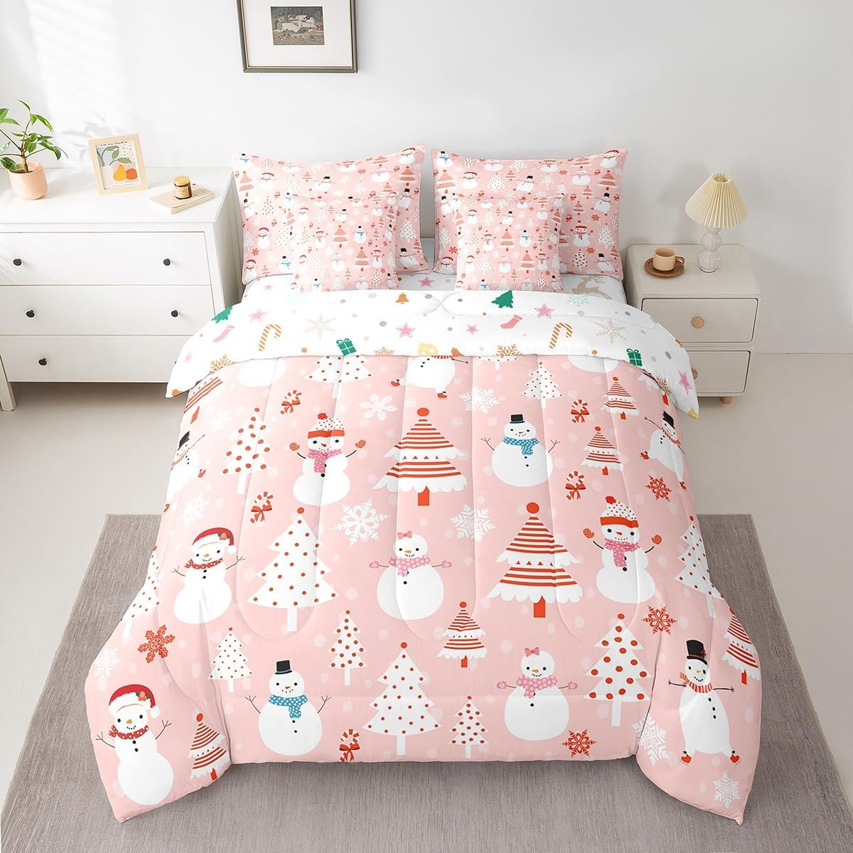 Pink Christmas 7 Piece Bedding Set Full Size Merry Christmas Snowman Bed in a Bag for Boys Girls Bedroom Decor Santa Claus Comforter Set with Sheets,Pillowcases & Cushion Cover Soft Xmas Tree Deer - Image 27