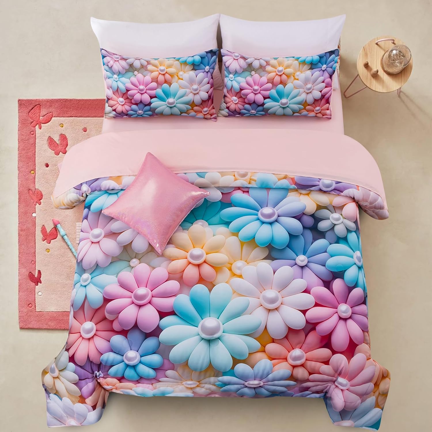 A Nice Night 6Pcs Gradient Glitter Bedding Set for Girls Full Size, Colorful Rainbow Galaxy Comforter Set, Ultra Soft Bedding Sets, Pink - Image 9