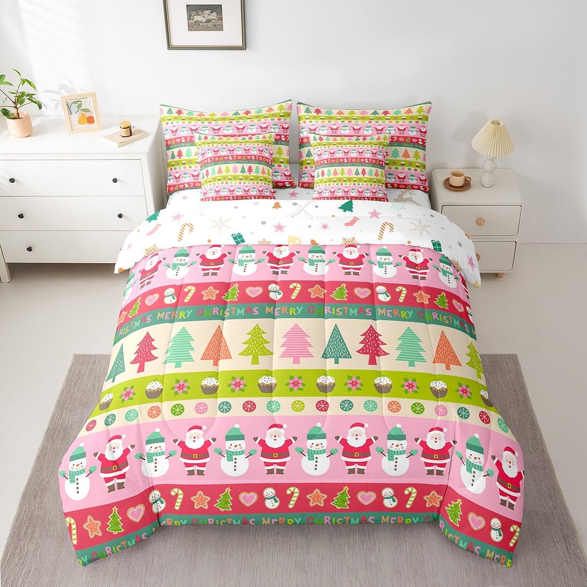 Pink Christmas 7 Piece Bedding Set Full Size Merry Christmas Snowman Bed in a Bag for Boys Girls Bedroom Decor Santa Claus Comforter Set with Sheets,Pillowcases & Cushion Cover Soft Xmas Tree Deer - Image 21