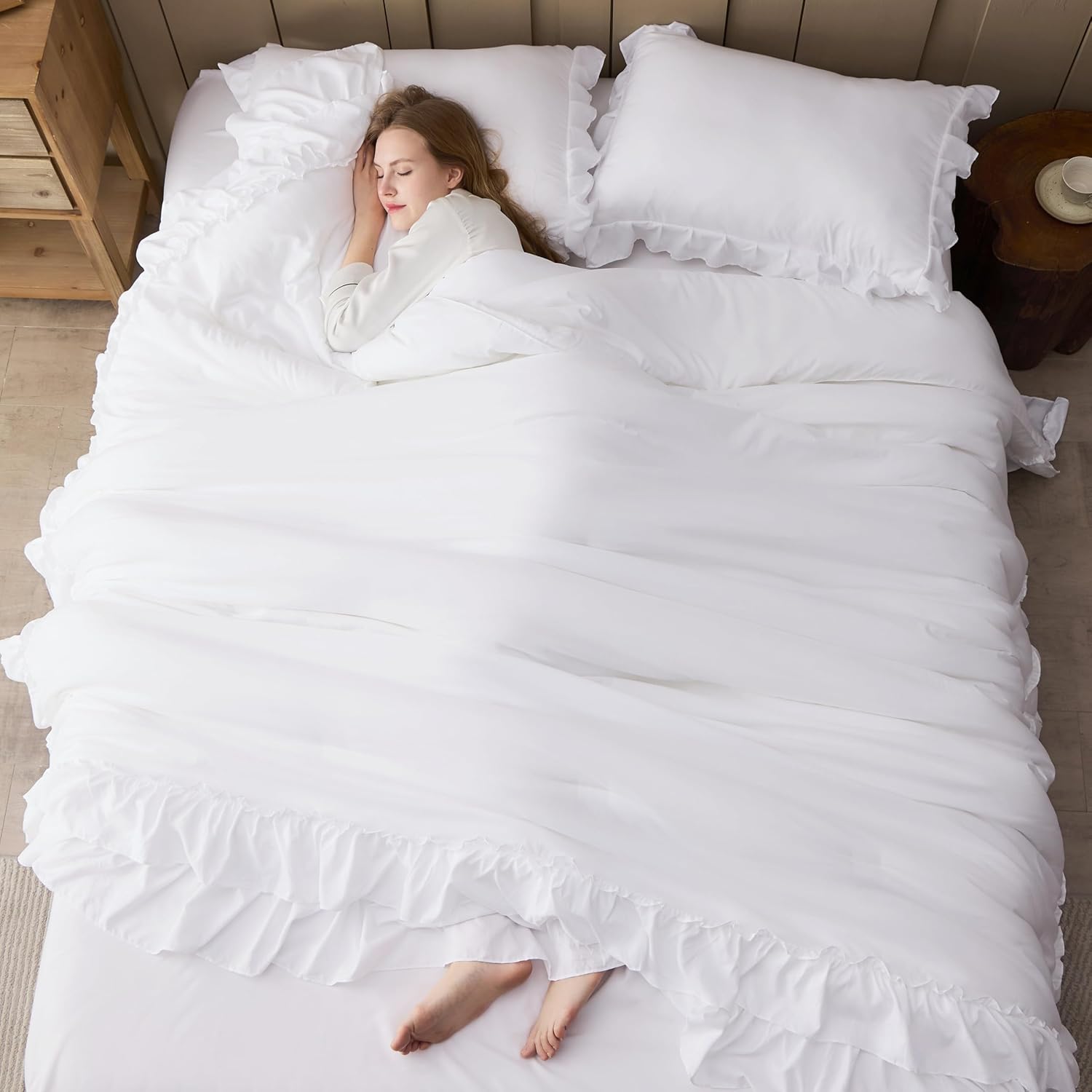 Andency White Ruffle Comforter Full Set, 3pcs Vintage Farmhouse Shabby Chic Bedding Comforter Set, Soft Lightweight Fluffy Bed Comforter Sets All Season Bedding Set - Image 3