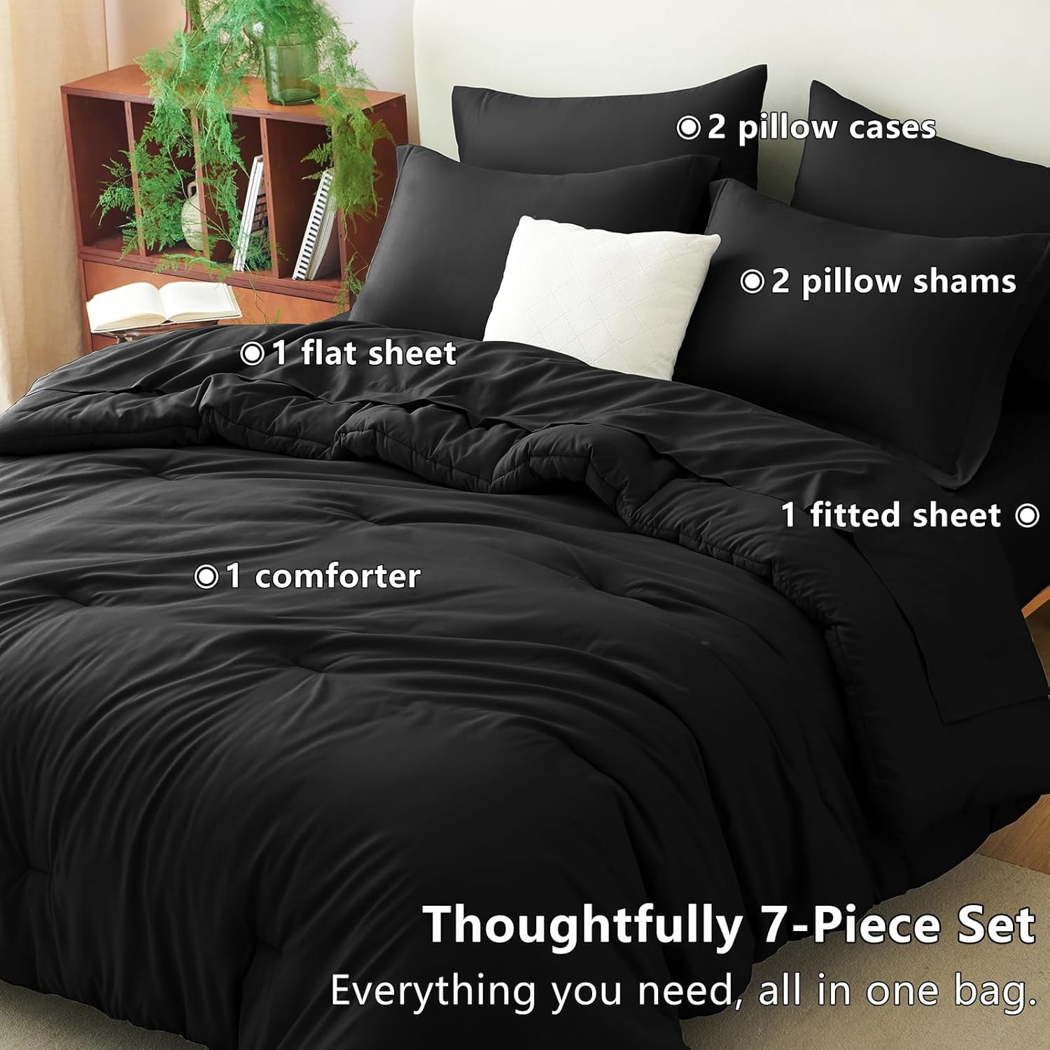 CozyLux King Comforter Set Black, 7 Pieces Bed in a Bag Soft Bedding Comforter Set with Sheets, All Season Boho 7PC Bed Sets with Comforter, Fitted Sheets, Flat Sheets, Pillow Shams and Pillowcases - Image 6