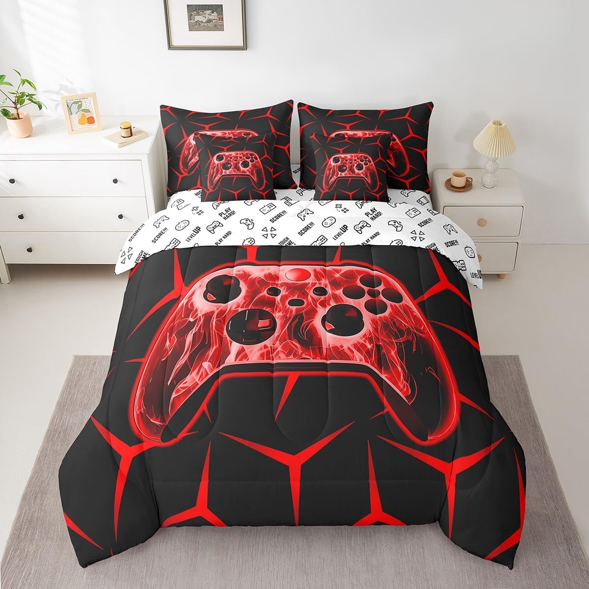 Feelyou Gamer Bedding Set Gamepad Comforter Set with Sheets 7 Piece for Boys Gaming Gifts Bed in a Bag Full Game Controller Red Bed Set with Comforter,Sheets,Cushion Covers