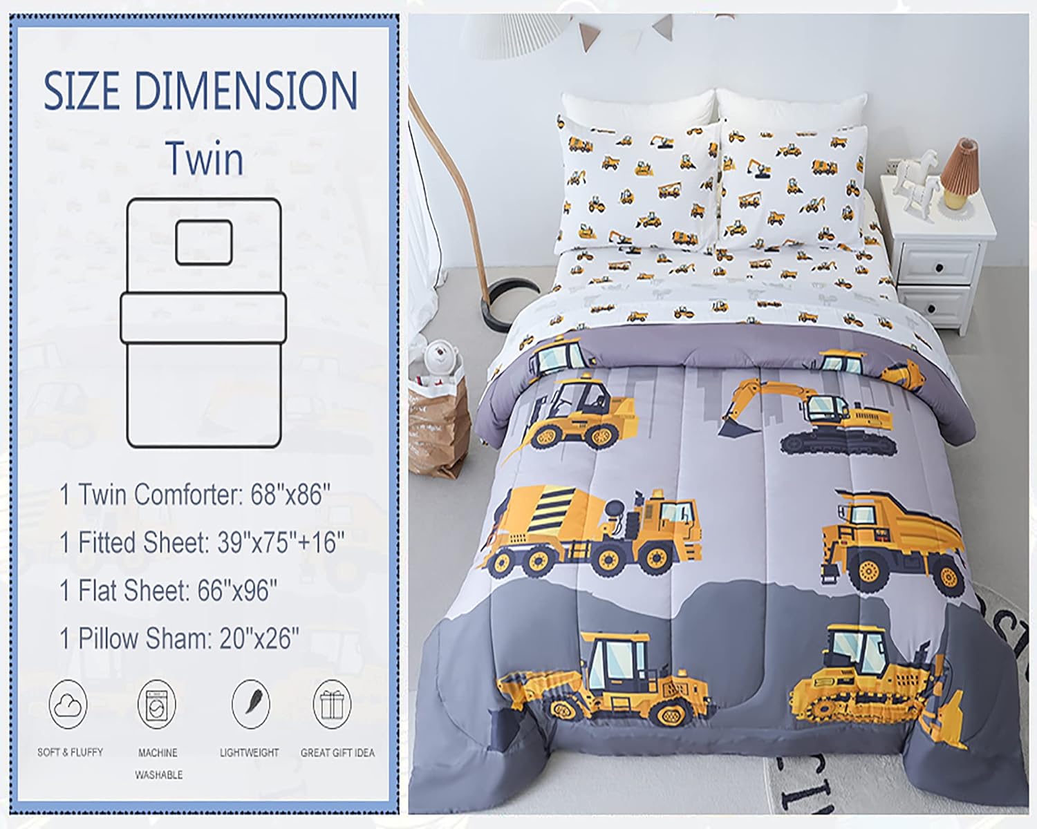 Cokouchyi Twin Size Comforter Set for Boys, 4-Piece Bed in a Bag, 3D Construction Bedding Comforter Sheet Set, Ultra Soft and Fluffy, Cartoon Truck Cars - Image 5
