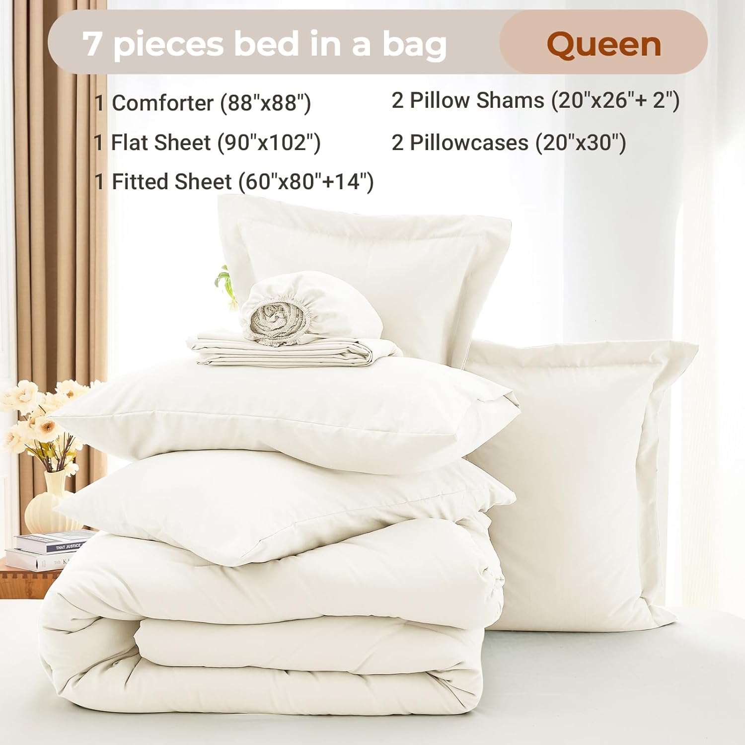 MUXHOMO 7 Pieces Queen Comforter Set, Soft Bed in a Bag Queen Size, All Season Bedding Set with Comforter, Flat Sheet, Fitted Sheet, Pillowcases & Shams, Ivory - Image 4