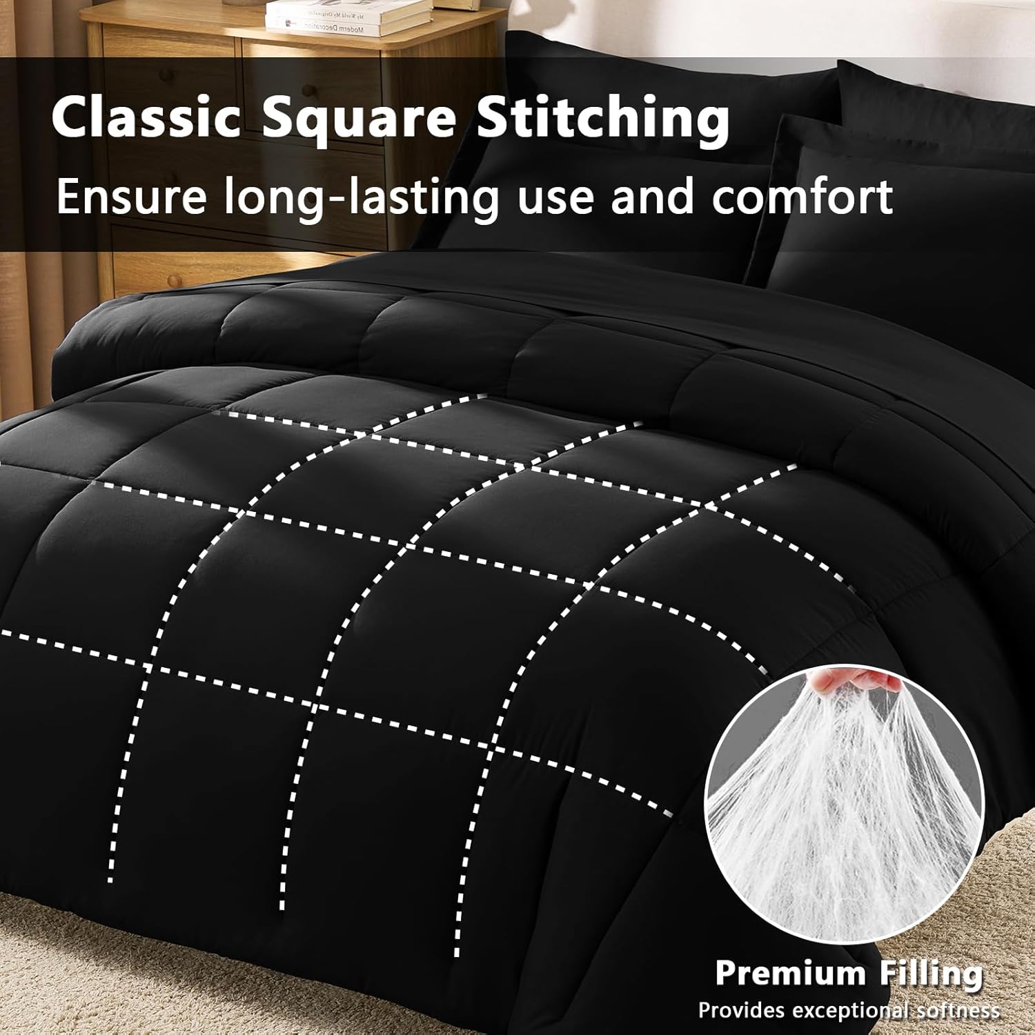 CozyLux Queen Comforter Set Black - 7 Pieces Bed in a Bag Queen, All Season Soft Bedding Set, Oeko-Tex Certified Reversible Bed Set with Down Alternative Comforter, Sheets, Pillowcases & Pillow Shams - Image 4