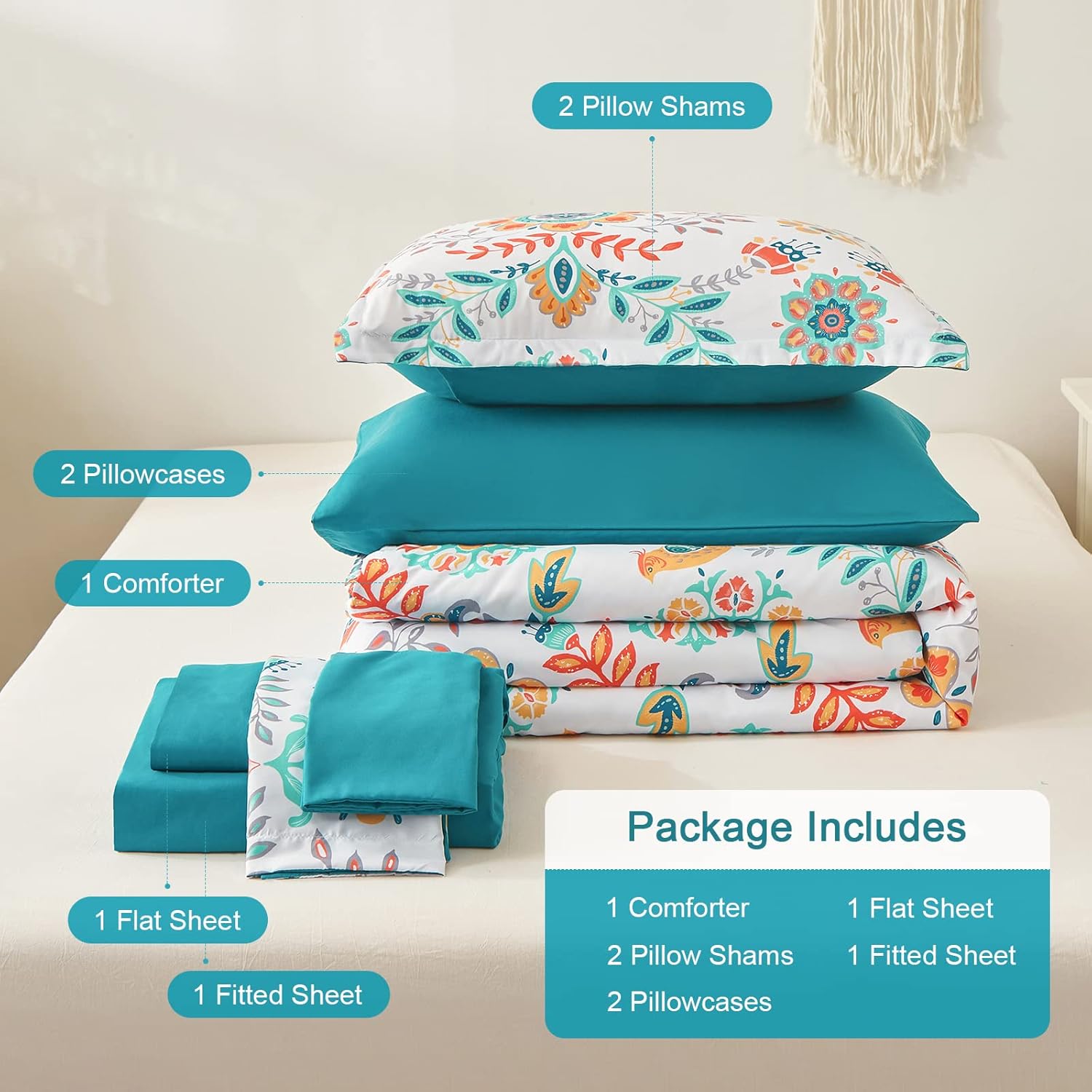 Boho Comforter Set Queen - 7 Pieces Bed in a Bag Floral Medallions Design, Bohemian Comforter Set with Sheets, Soft Microfiber Complete Bedding Sets All Season (Teal Blue, Queen) - Image 4