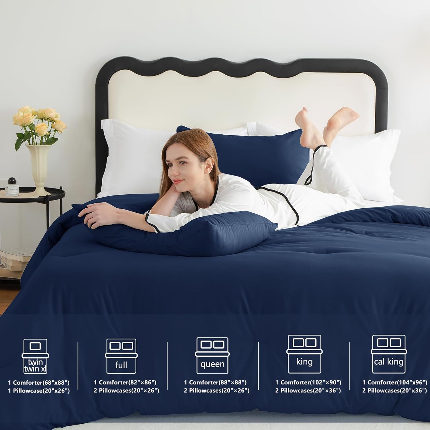 CozyLux Navy Blue Full Size Comforter Set, 3 Pieces Solid Breathable Quilted Style Bedding Sets, Luxury Fluffy Soft Bed Set with Down Alternative Comforter for All Season (1 Comforter & 2 Pillowcases) - Image 6