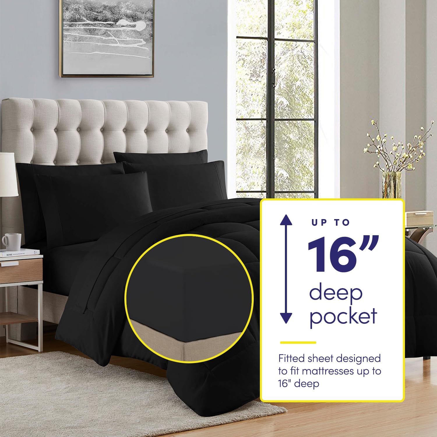 Sweet Home Collection 5 Piece Comforter Set Bag Solid Color All Season Soft Down Alternative Blanket & Luxurious Microfiber Bed Sheets, Black, Twin - Image 2