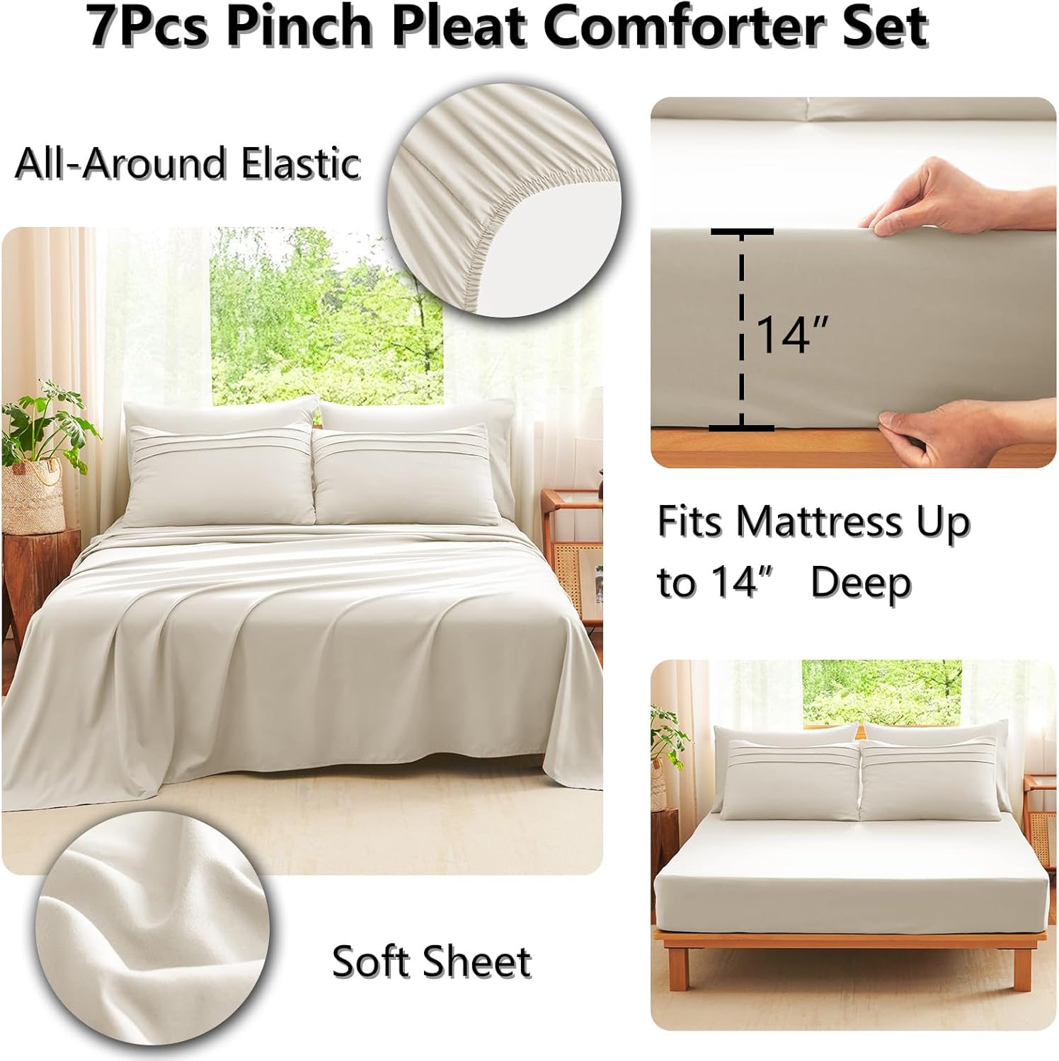 CozyLux King Size Comforter Set Beige, 7 Pieces Soft Pinch Pleat Bed in a Bag King Comforter Set with Sheets, Boho Bed Set with Down Alternative Comforter, Sheets, Pillowcases & Shams - Image 5