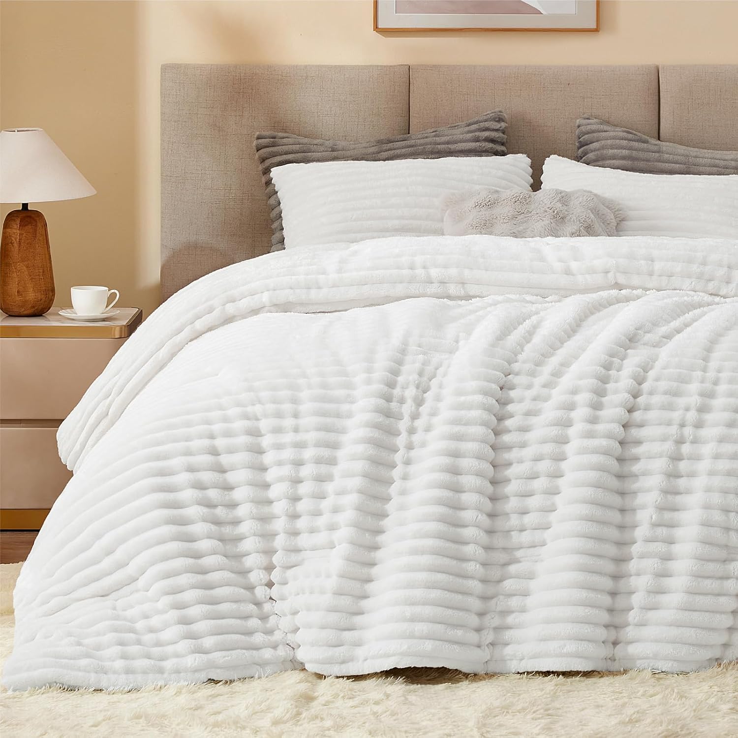 BEDELITE Fleece Queen Comforter Set -Super Soft & Warm Fluffy Cream White Bedding, Luxury Fuzzy Heavy Bed Set for Winter with 2 Pillow Cases - Image 11