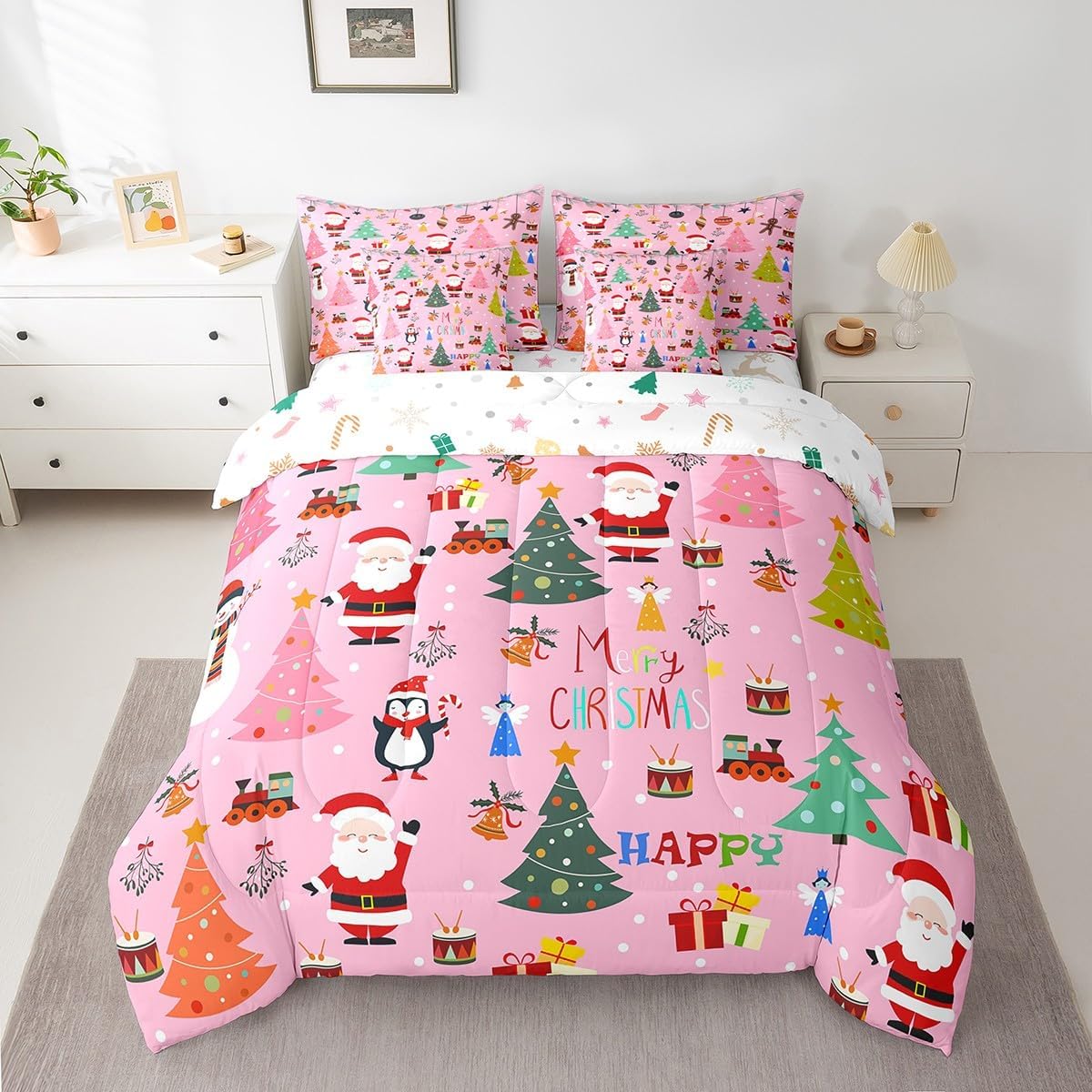 Pink Christmas 7 Piece Bedding Set Full Size Merry Christmas Snowman Bed in a Bag for Boys Girls Bedroom Decor Santa Claus Comforter Set with Sheets,Pillowcases & Cushion Cover Soft Xmas Tree Deer - Image 38