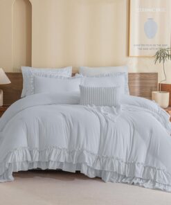 Masaca Ruffled Comforter Set for Queen Bed,3 Pieces Vintage Farmhouse Shabby Bedding Set Lightweight Ultra Soft French Country Bedding (1 Cornflower Blue Comforter +2 Pillowcases)