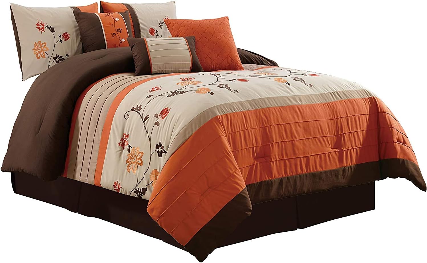 Chezmoi Collection Serene 7-Piece Luxury Autumn Floral Embroidery Comforter Set, Queen, Orange/Brown/Taupe - Image 16