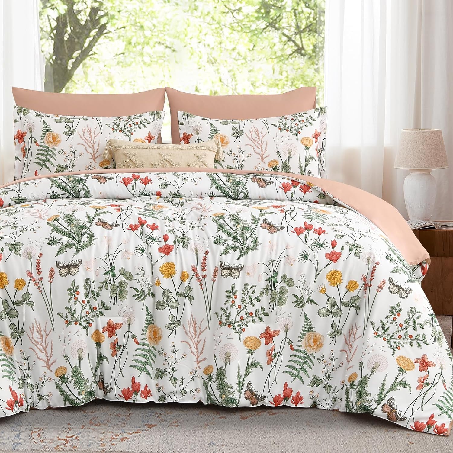 Yiran Queen Comforter Set 7 Piece, Dark Green Floral Bedding Set, Bed in a Bag Queen with Botanical Flowers Patterns, Soft Microfiber Complete Bedding Set with Sheets for All Season - Image 20