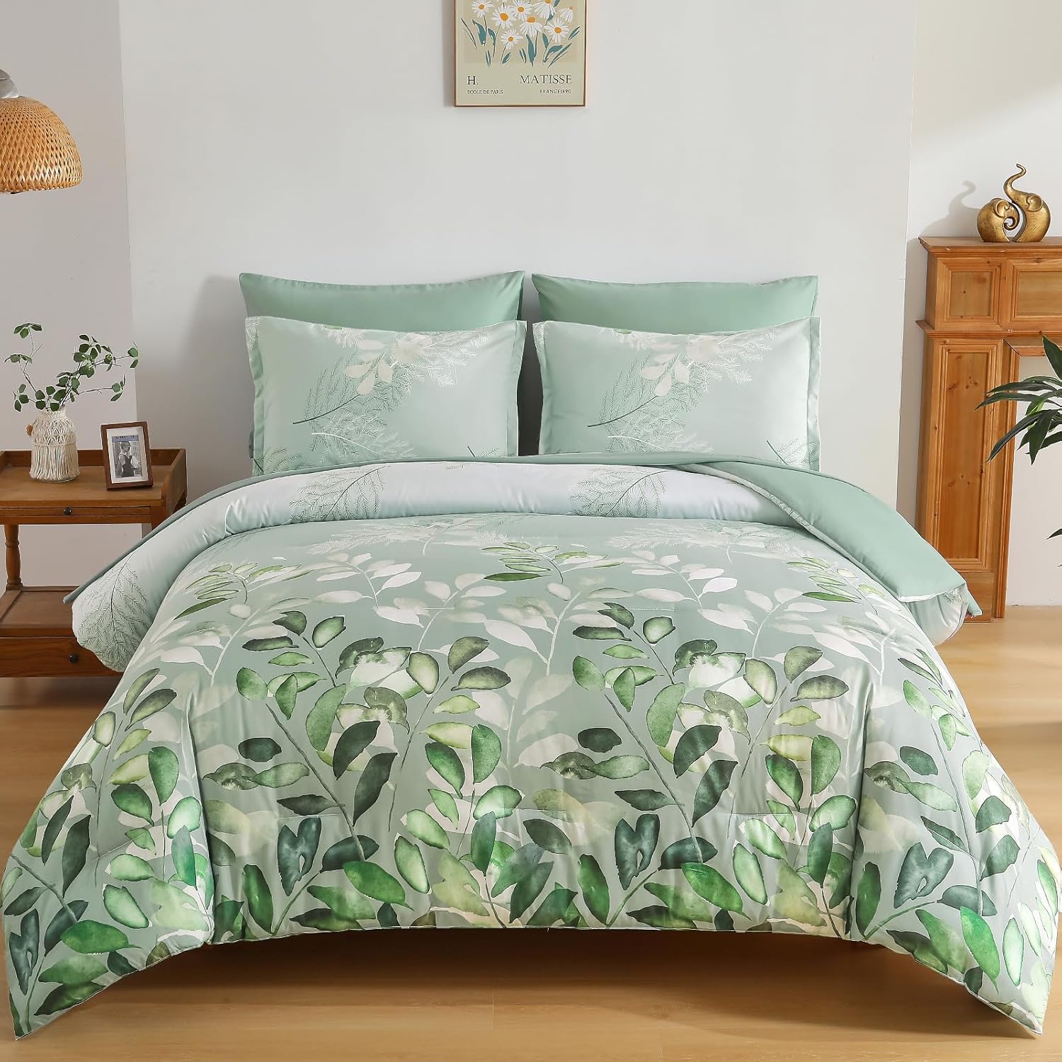 Blue Floral Comforter Set Queen Size 7 Piece Navy Botanical Gradient Leaves Ultra Soft Microfiber Down Alternative Bedding Set Lightweight Reversible Boho Bed Comforter Set for All Season 90" x 90" - Image 9