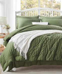 Zzlpp Queen Comforter Set 7 Pieces, Olive Green Seersucker Bed in a Bag with Comforter and Sheets, All Season Bedding Sets with 1 Comforter, 2 Pillow Shams, 2 Pillowcases, 1 Flat Sheet