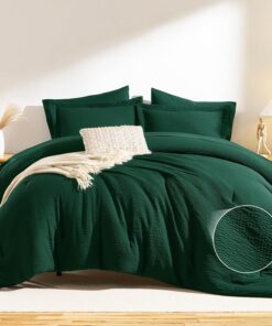 CozyLux King Size Comforter Set Emerald Green - 7 Pieces Striped Seersucker Bed in a Bag, Soft Lightweight Boho Bedding Set with All Season Comforters King Size, Sheets, Pillowcases & Shams