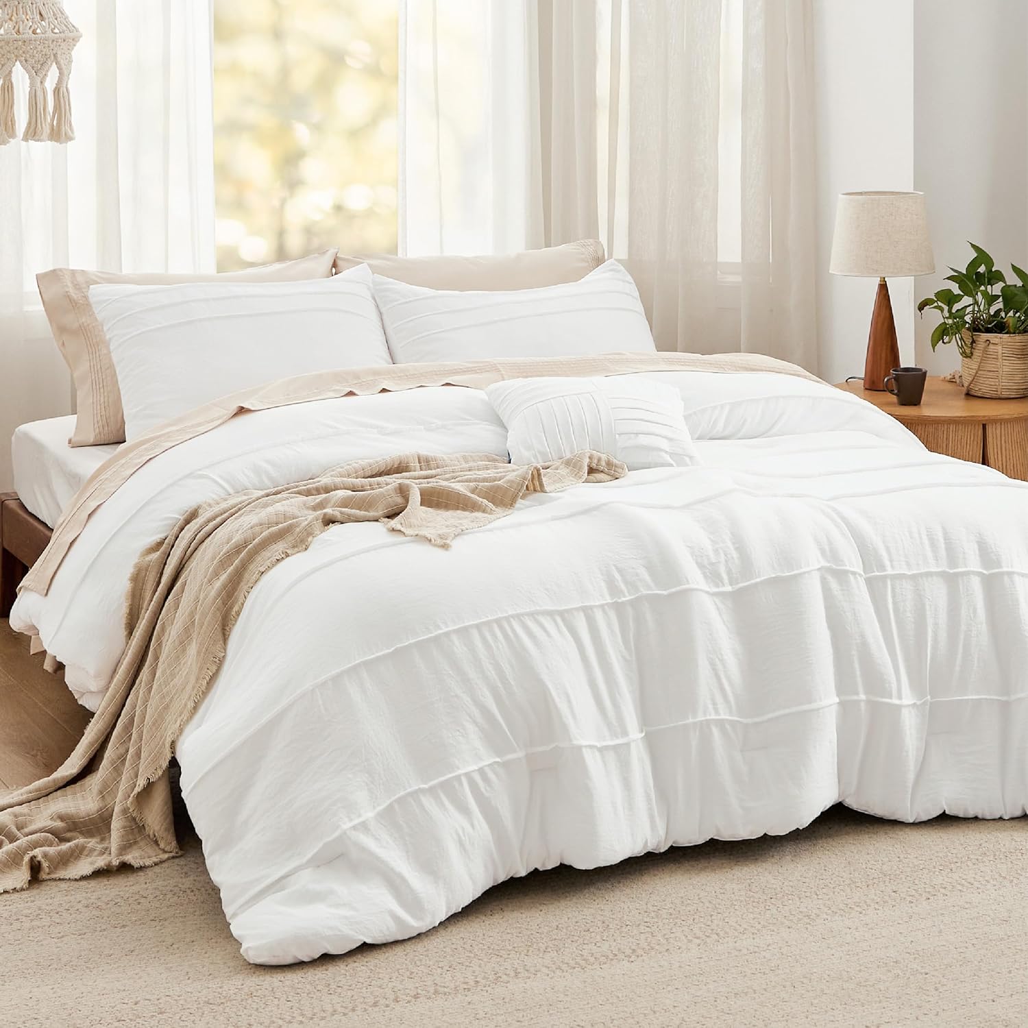 Bedsure Queen Comforter Set - 4 Pieces Pinch Pleat Bed Set, Beige Boho Bedding for All Season, 1 Soft Comforter, 2 Pillowcases, 1 Decorative Pillow - Image 10