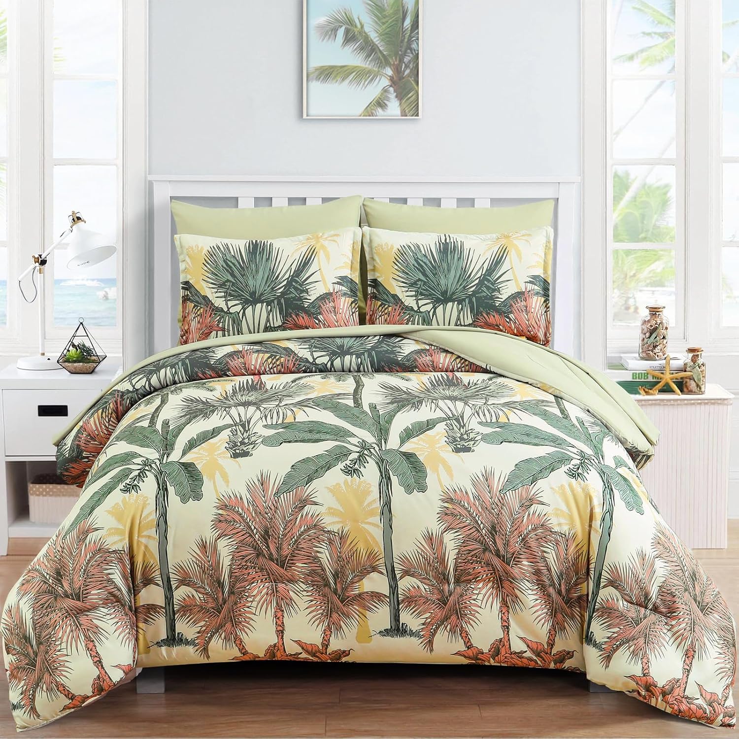 WONGS BEDDING Botanical Comforter Set Queen, 7 Pieces Blue Palm Tree Bed in a Bag, Reversiable Soft Microfiber Coastal Beach Bedding with Comforter, Flat Sheet, Fitted Sheet, Pillow Shams Pillowcases - Image 9