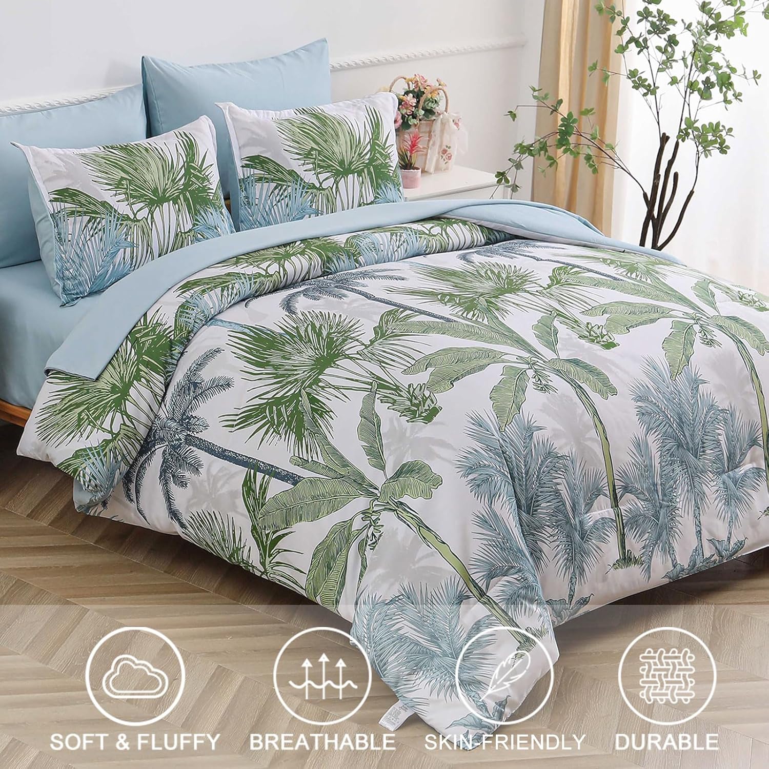 WONGS BEDDING Botanical Comforter Set Queen, 7 Pieces Blue Palm Tree Bed in a Bag, Reversiable Soft Microfiber Coastal Beach Bedding with Comforter, Flat Sheet, Fitted Sheet, Pillow Shams Pillowcases - Image 2