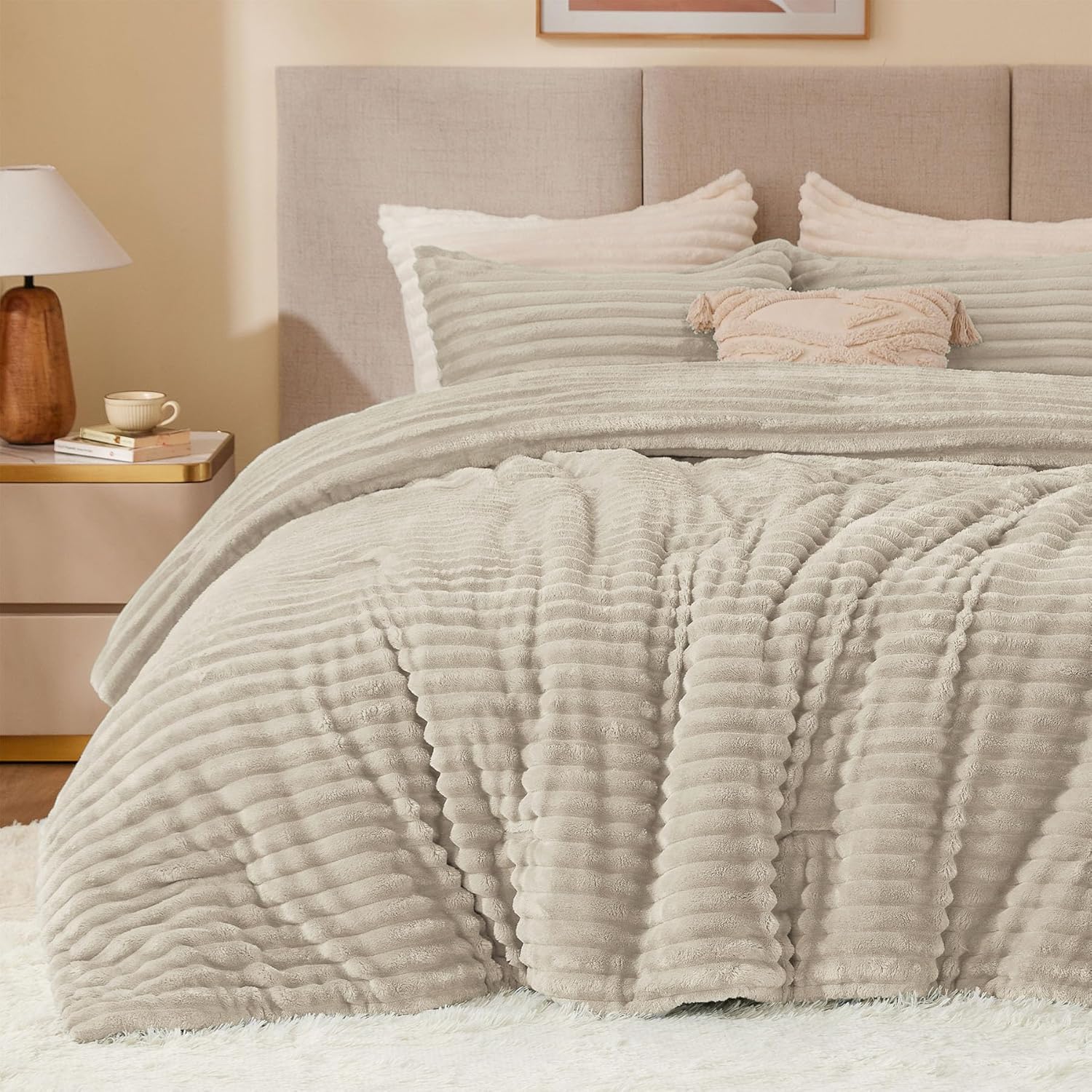 BEDELITE Fleece Queen Comforter Set -Super Soft & Warm Fluffy Cream White Bedding, Luxury Fuzzy Heavy Bed Set for Winter with 2 Pillow Cases - Image 40