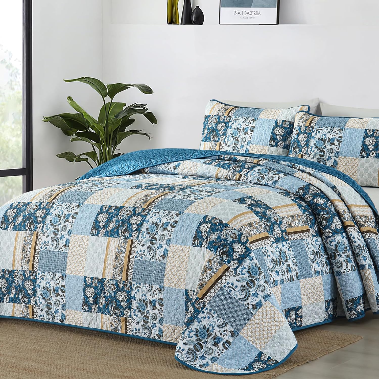 WONGS BEDDING Green Quilt Set King Size,Green Patchwork Plaid Printed Bedspread Coverlet Set,3 Pieces Summer Soft Microfiber Boho Bedding Set with 1 Quilt 2 Pillowcases - Image 7