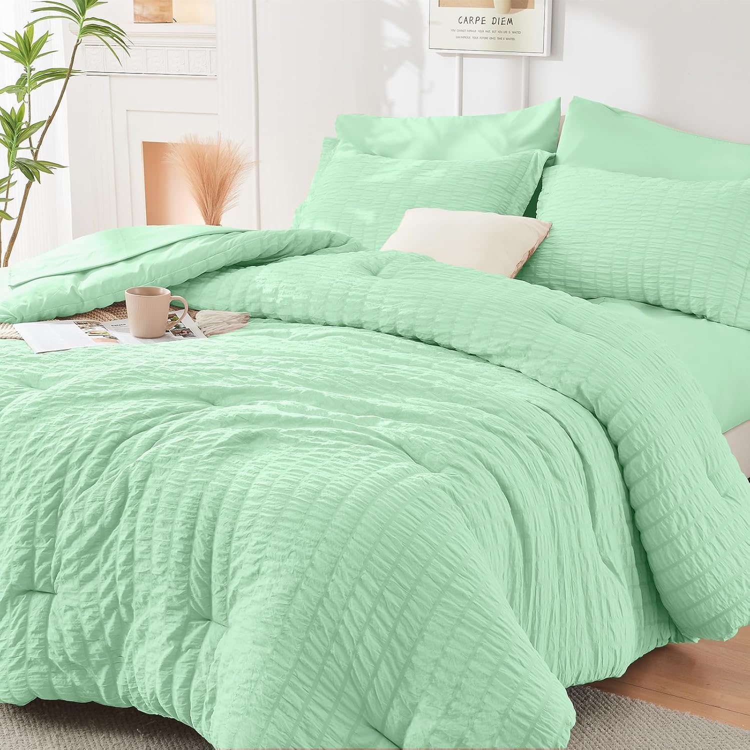 HYMOKEGE Queen Comforter Set Seersucker 7 Pieces, All Season Luxury Bed in a Bag for Bedroom, Bedding Set with Comforters, Sheets, Pillowcases & Shams, Dark Grey - Image 111