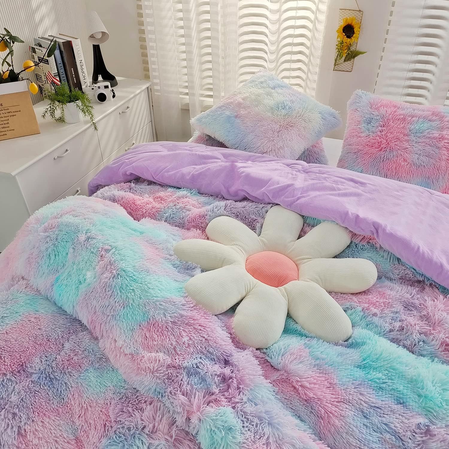 SUCSES Blue Purple Fluffy Twin Bedding Sets for Girls 3Pcs Faux Fur Plush Shaggy Kids Duvet Cover Set Twin Size Tie Dye Velvet Furry Comforter Cover Set - Image 13