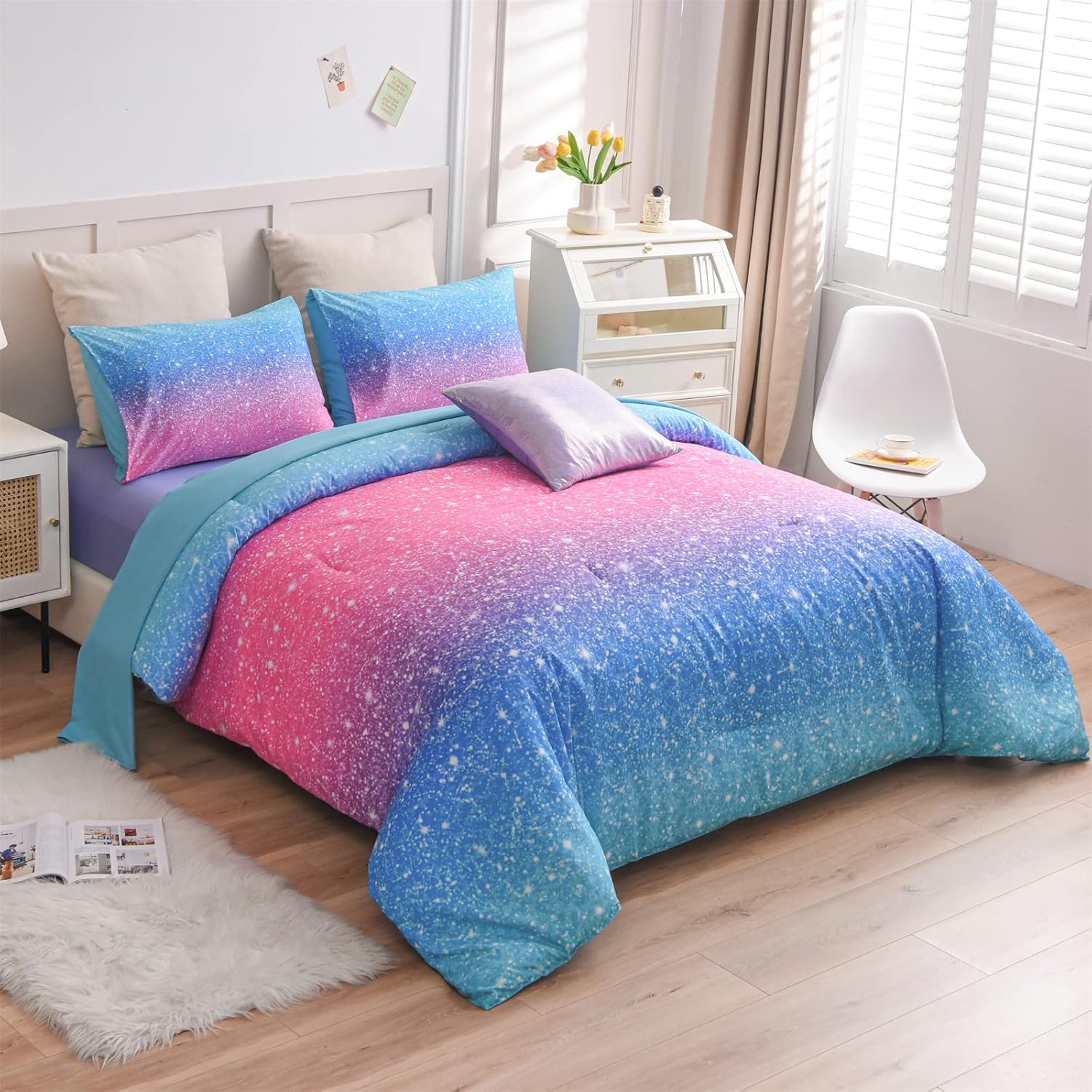 A Nice Night 6Pcs Gradient Glitter Bedding Set for Girls Full Size, Colorful Rainbow Galaxy Comforter Set, Ultra Soft Bedding Sets, Pink - Image 7