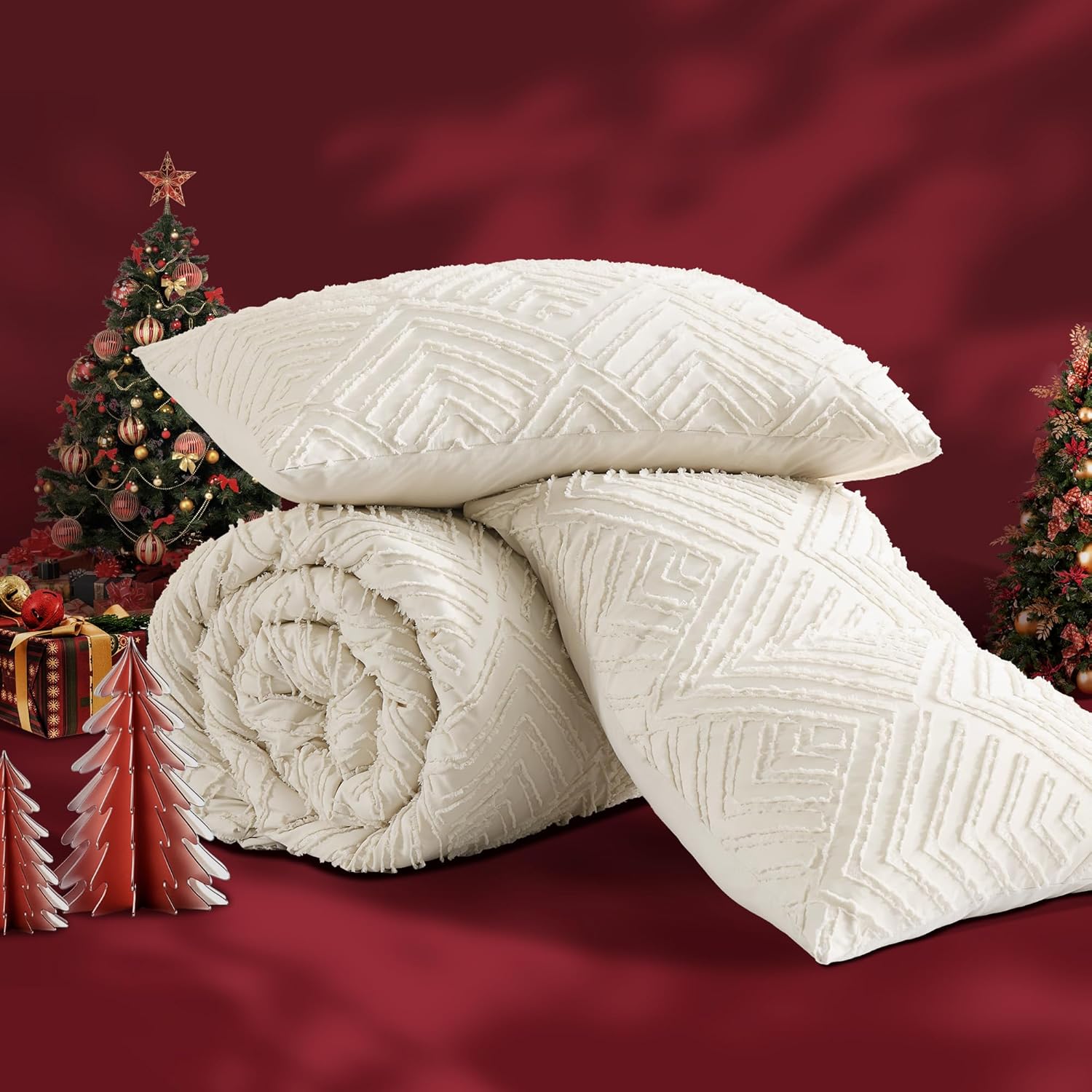 Andency King Size Comforter Set Beige, 3 Pieces Boho King Bedding Comforter Set Cream, All Season Soft Lightweight Tufted Textured Down Alternative Comforter Fluffy Bed Set - Image 3