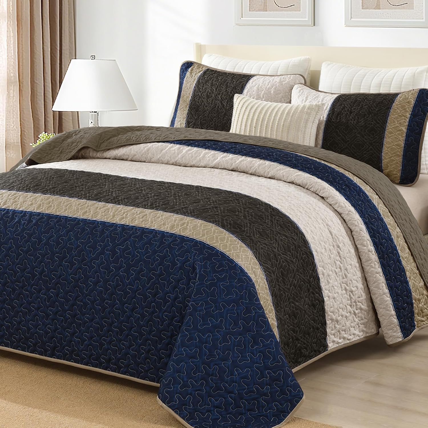 Cottolester Boho Quilt Set King Size 3 Pieces,Grey Striped Plaid Bedspread,Soft Microfiber Bedding Set with 2 Pillow Shams 110"x90" - Image 13