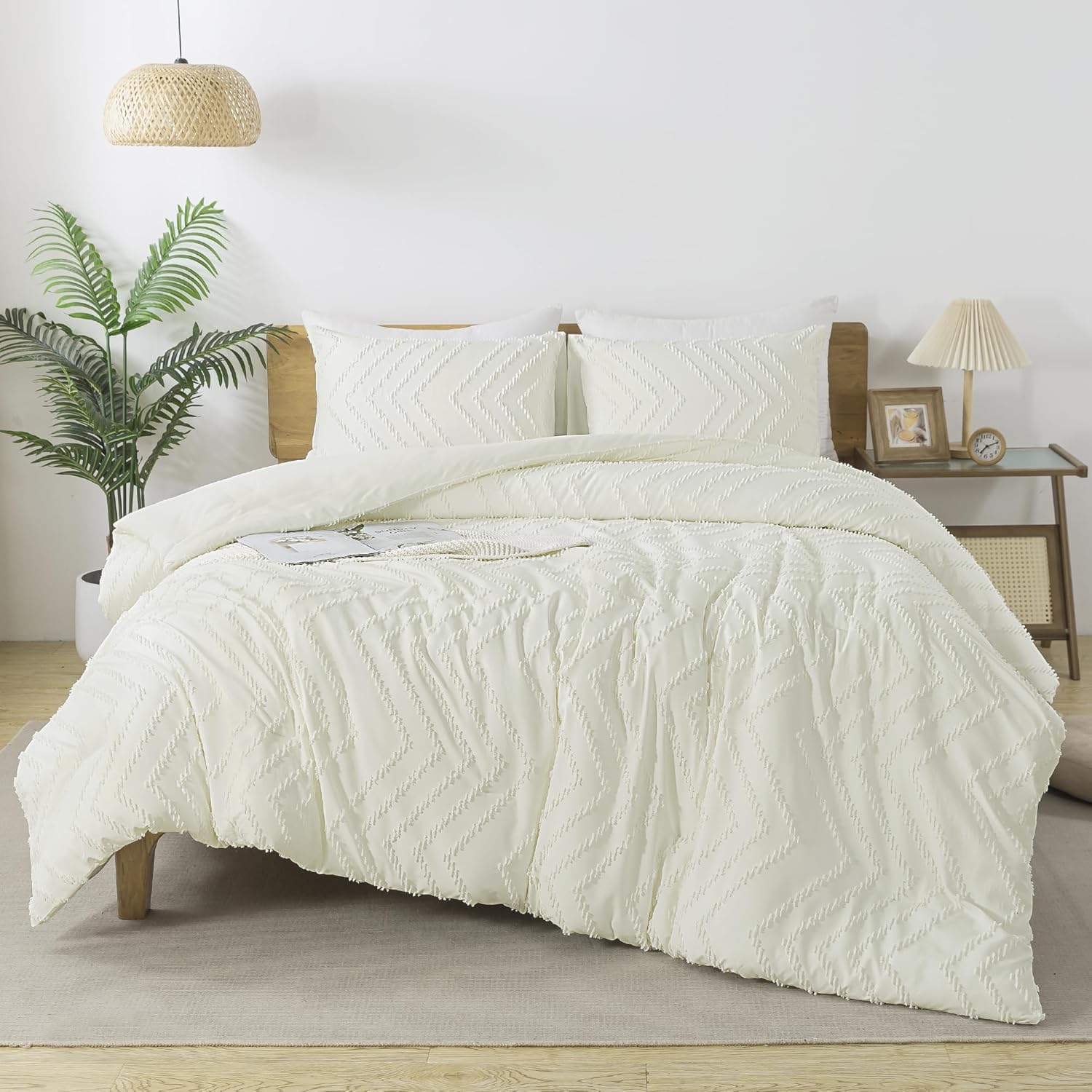 Andency Queen Comforter Set Beige, Comforters Queen Size Boho Cream Soft Warm Tufted Neutral Bedding Comforter Sets for Queen Bed, 3 Pieces Aesthetic Chevron Farmhouse Cute Bohemian Textured Bed Set - Image 20